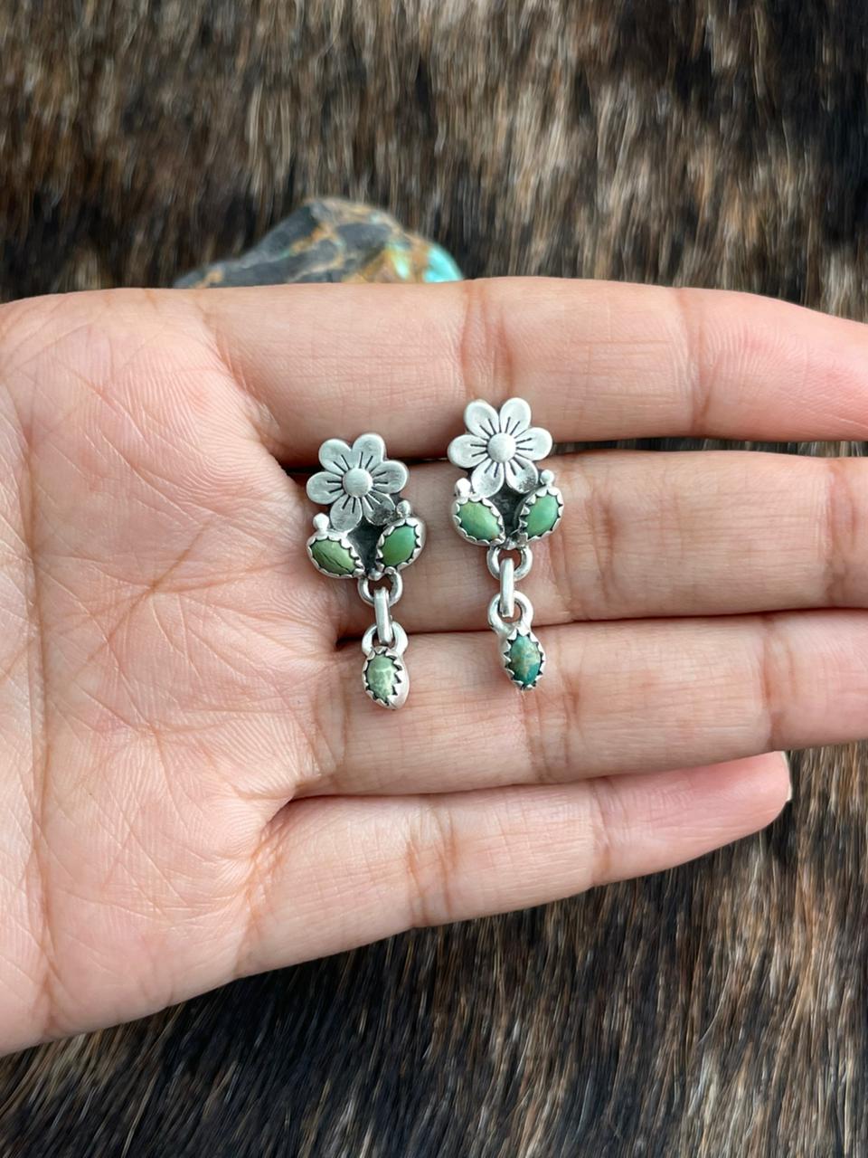 Handmade Sterling Silver Kingman Turquoise Post Dangle Earrings "Signed Nizhoni"