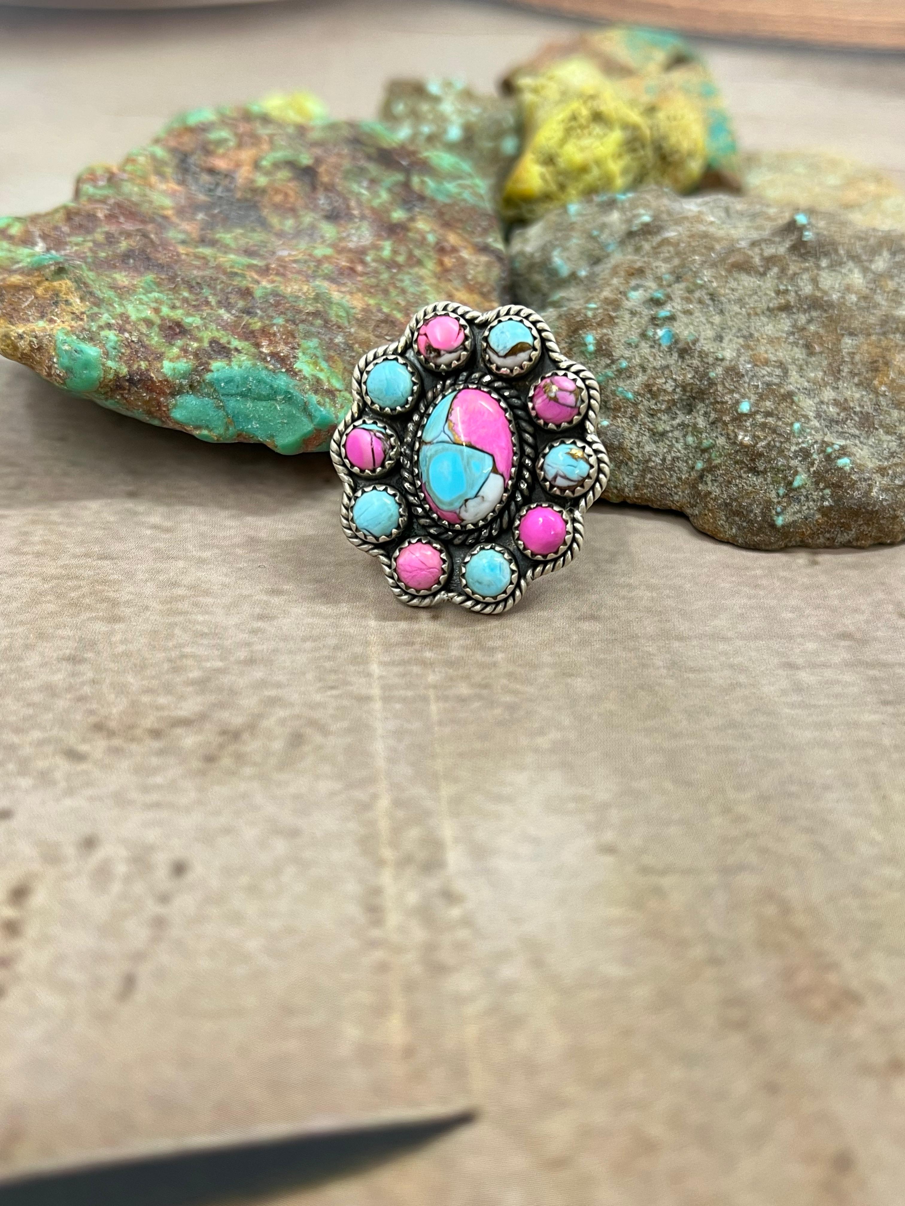 Handmade Sterling Silver Cotton Candy Turquoise Adjustable Ring with Signed Nizhoni