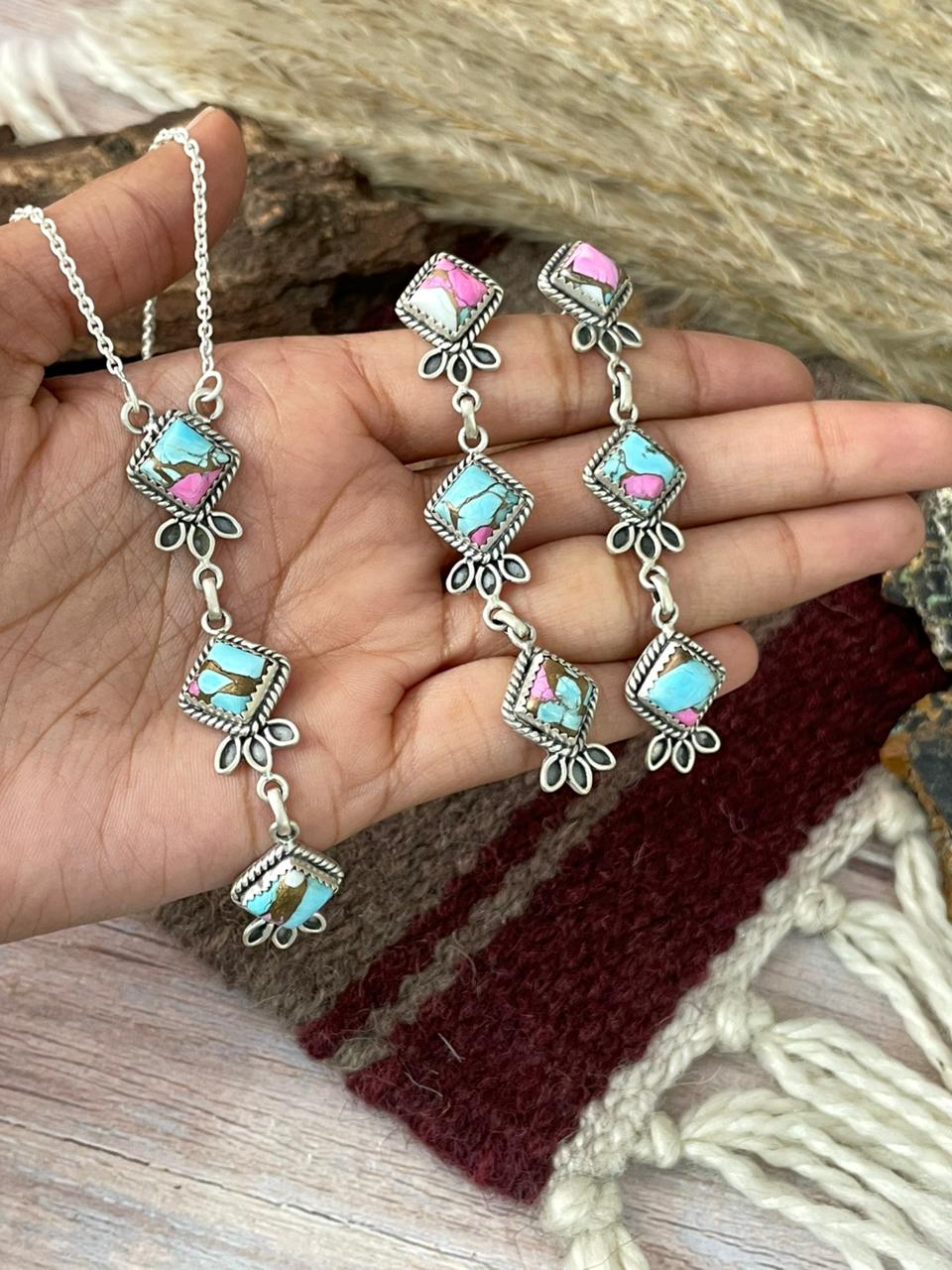 Handmade Sterling Silver Cotton Candy Necklace Earrings Set "Signed Nizhoni"