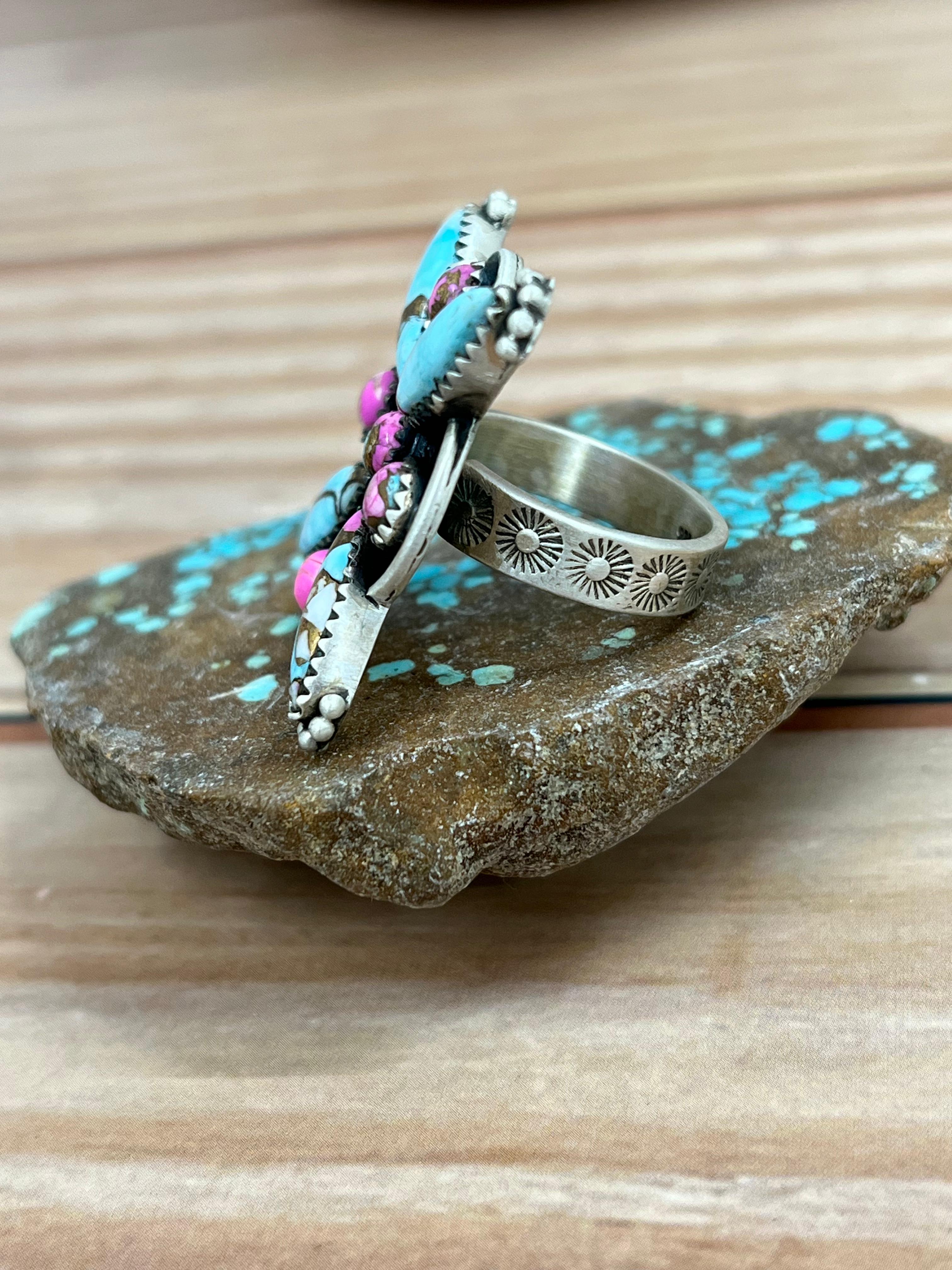 Handmade Sterling Silver Cotton Candy Turquoise Adjustable Ring with Signed Nizhoni