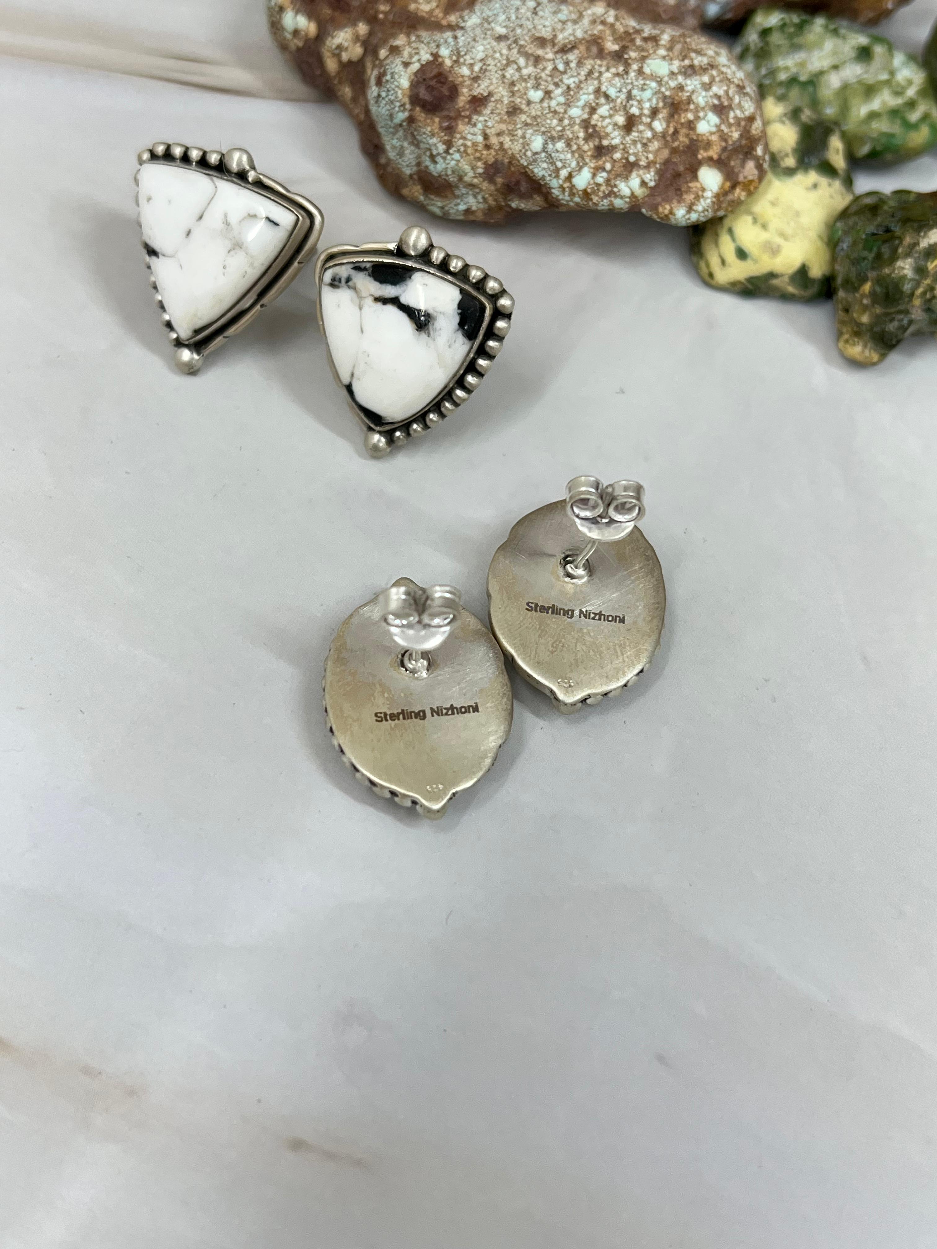 Handmade Sterling Silver Honey Dahlia, White Buffalo Turquoise Earrings with Signed Nizhoni
