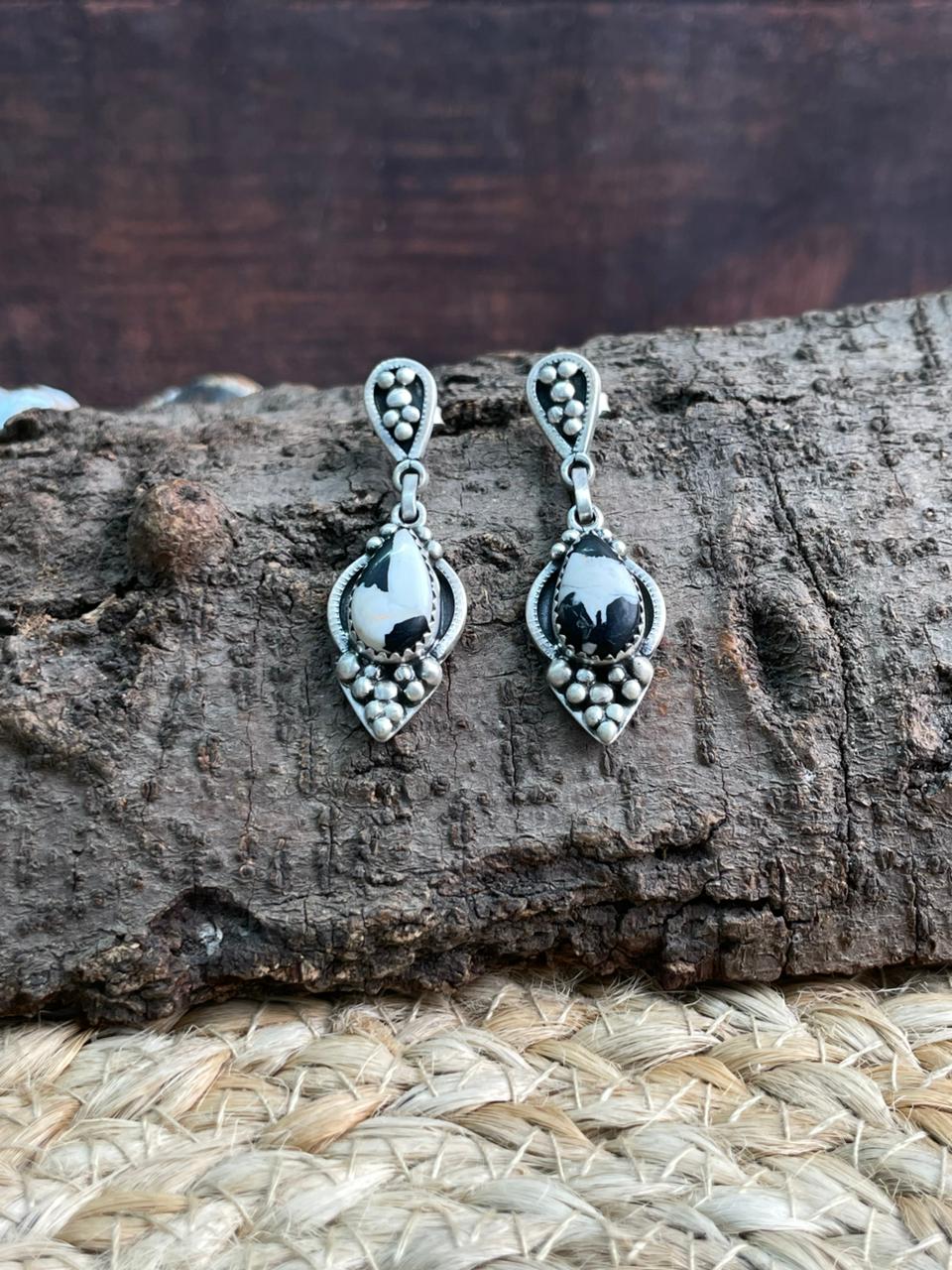 Handmade Sterling Silver White Buffalo Post Dangle Earrings "Signed Nizhoni"