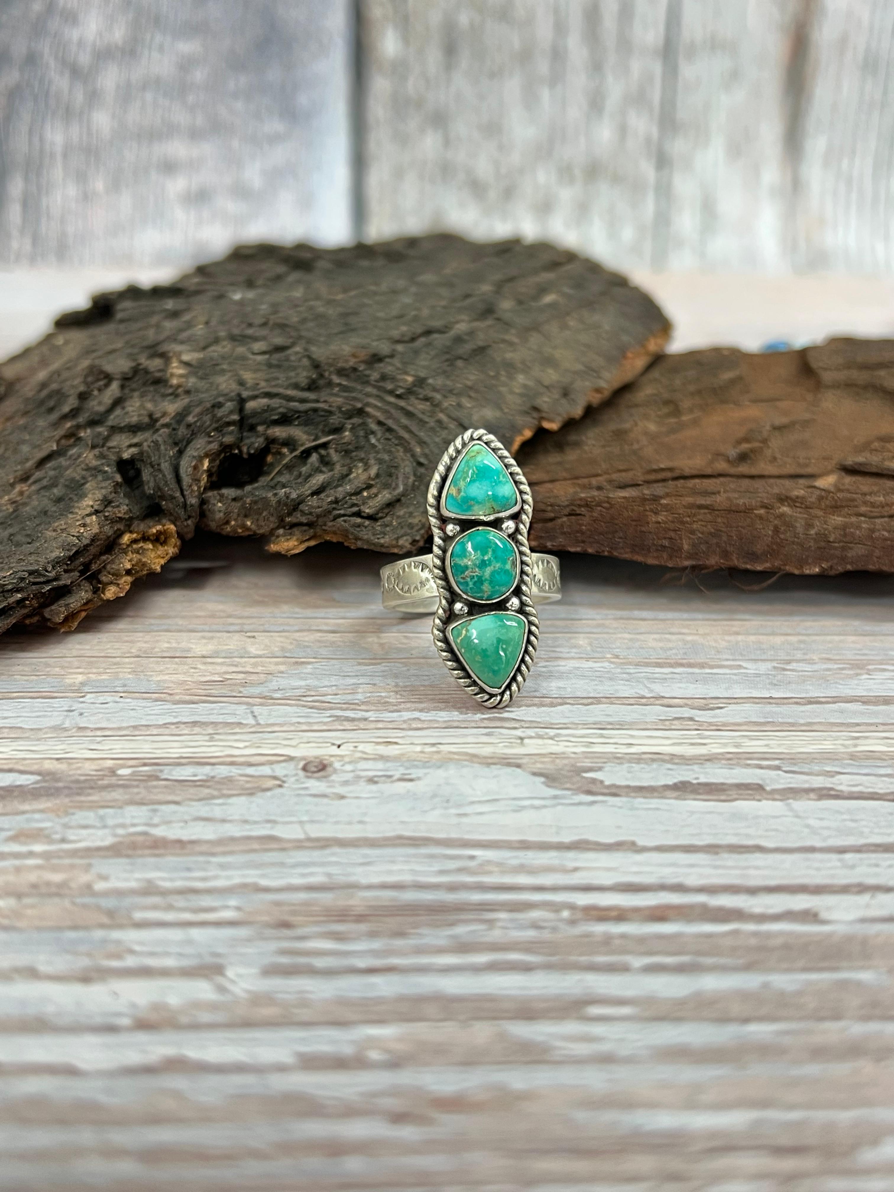 Handmade Sterling Silver Emerald Valley Adjustable Ring with Signed Nizhoni