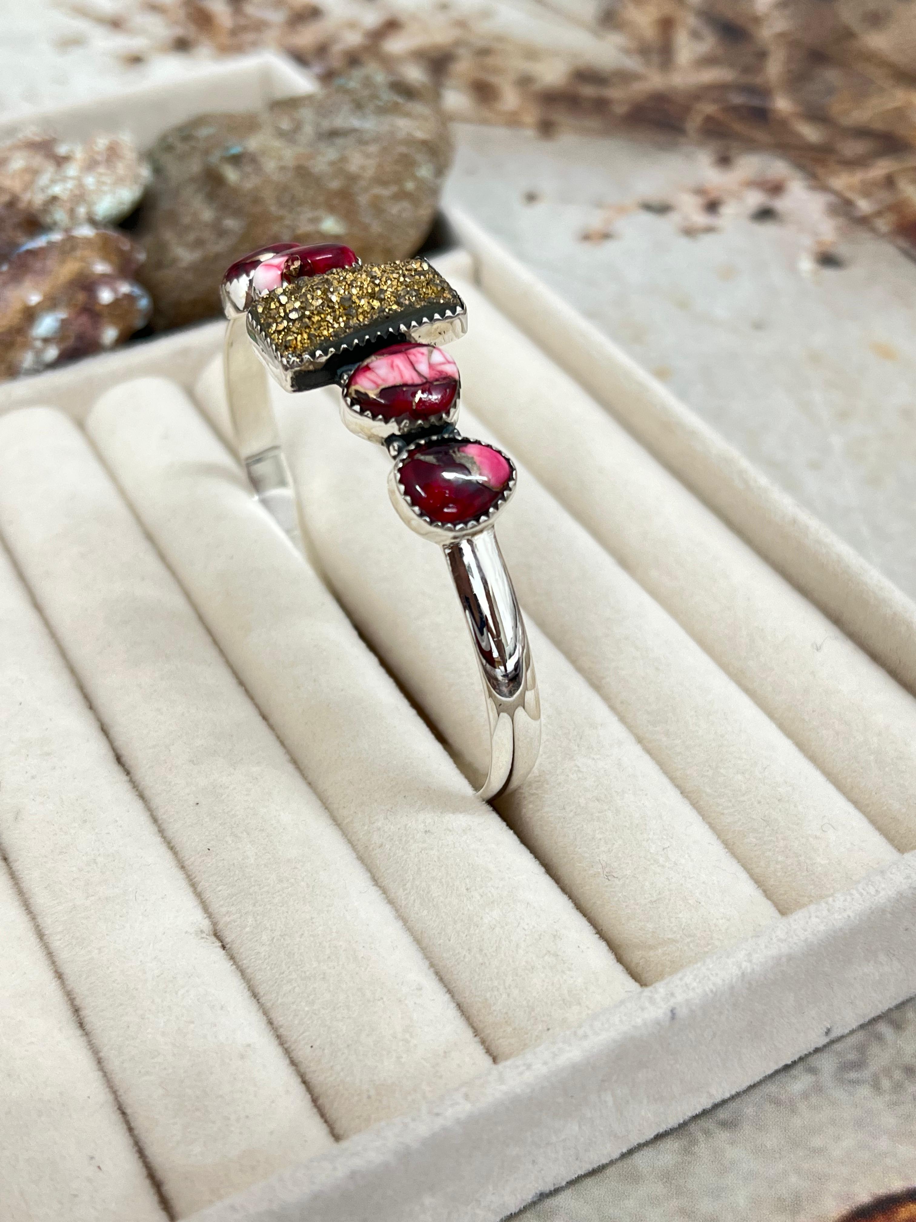 Handmade Sterling Silver Rose Dahlia with Druzy Bracelet with Signed Nizhoni