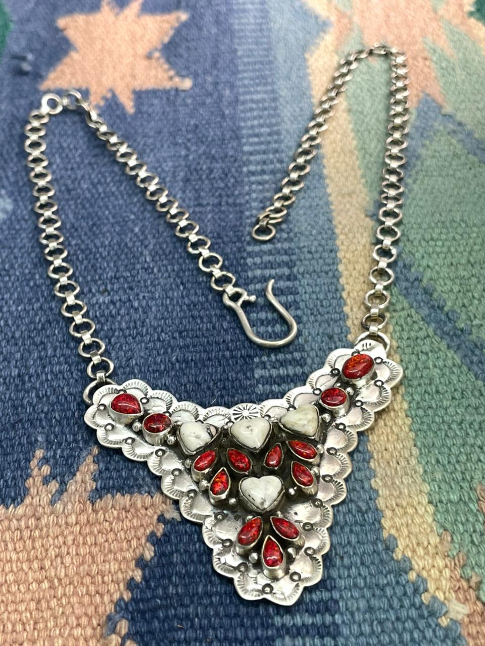 Handmade Sterling Silver White Buffalo with Red Opal Necklace "Signed Nizhoni"