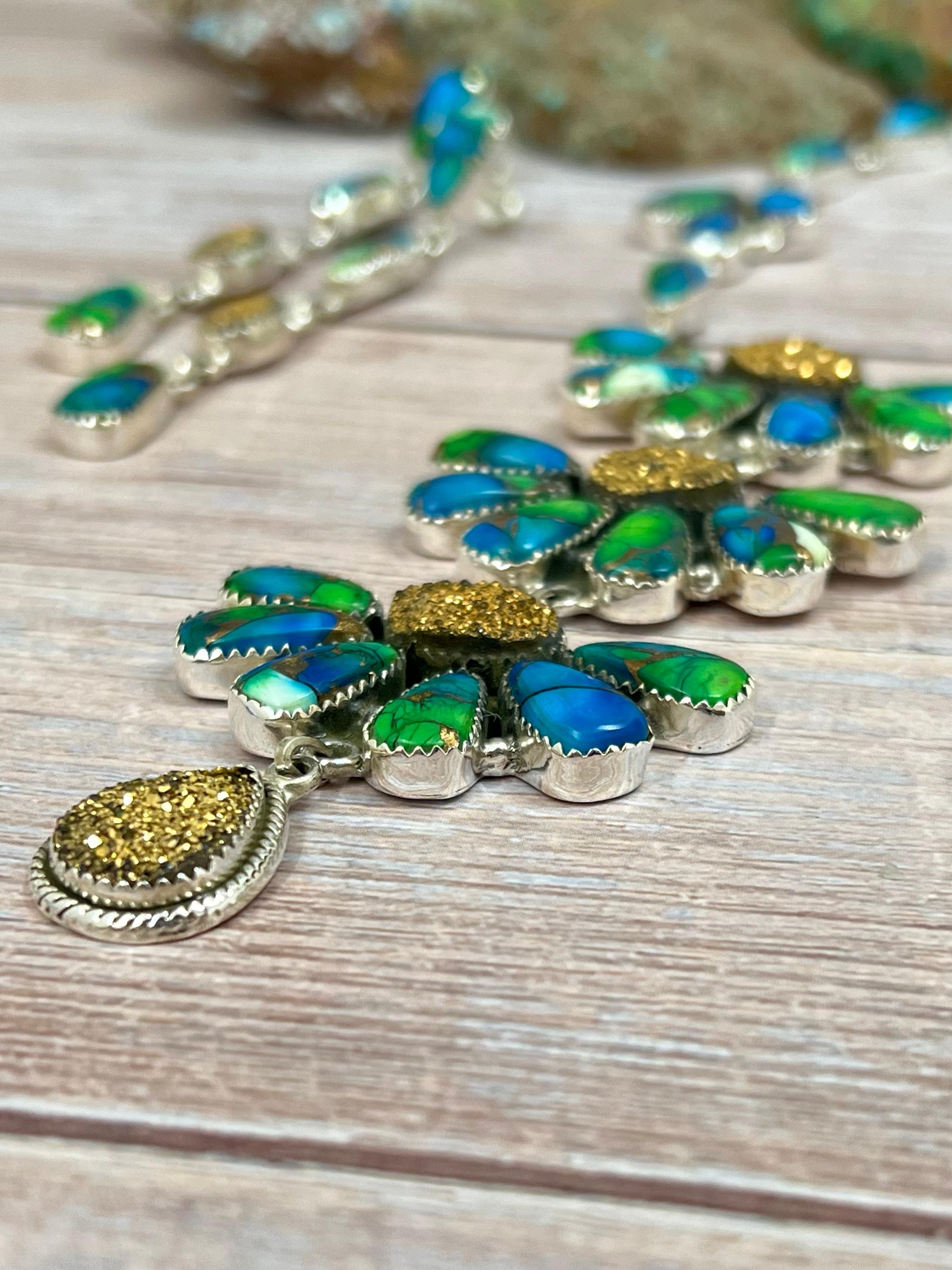 Handmade Sterling Silver Peacock Dahlia with Druzy Necklace Earrings Set with Signed Nizhoni