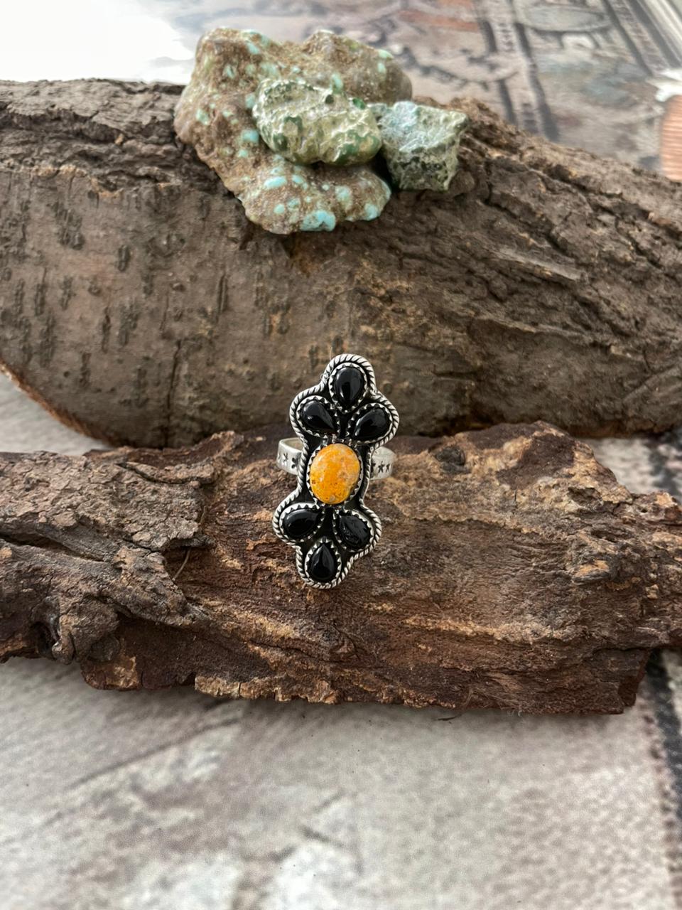 "Halloween Collection" Handmade Sterling Silver Black Onyx, Bumblebee Adjustable Ring with Signed Nizhoni