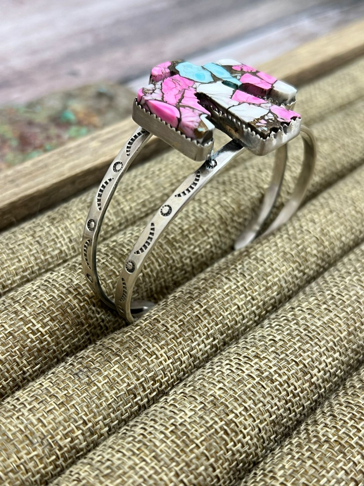 Handmade Sterling Silver Cotton Candy Turquoise Thunder Bird Cuff Bracelet with Signed Nizhoni