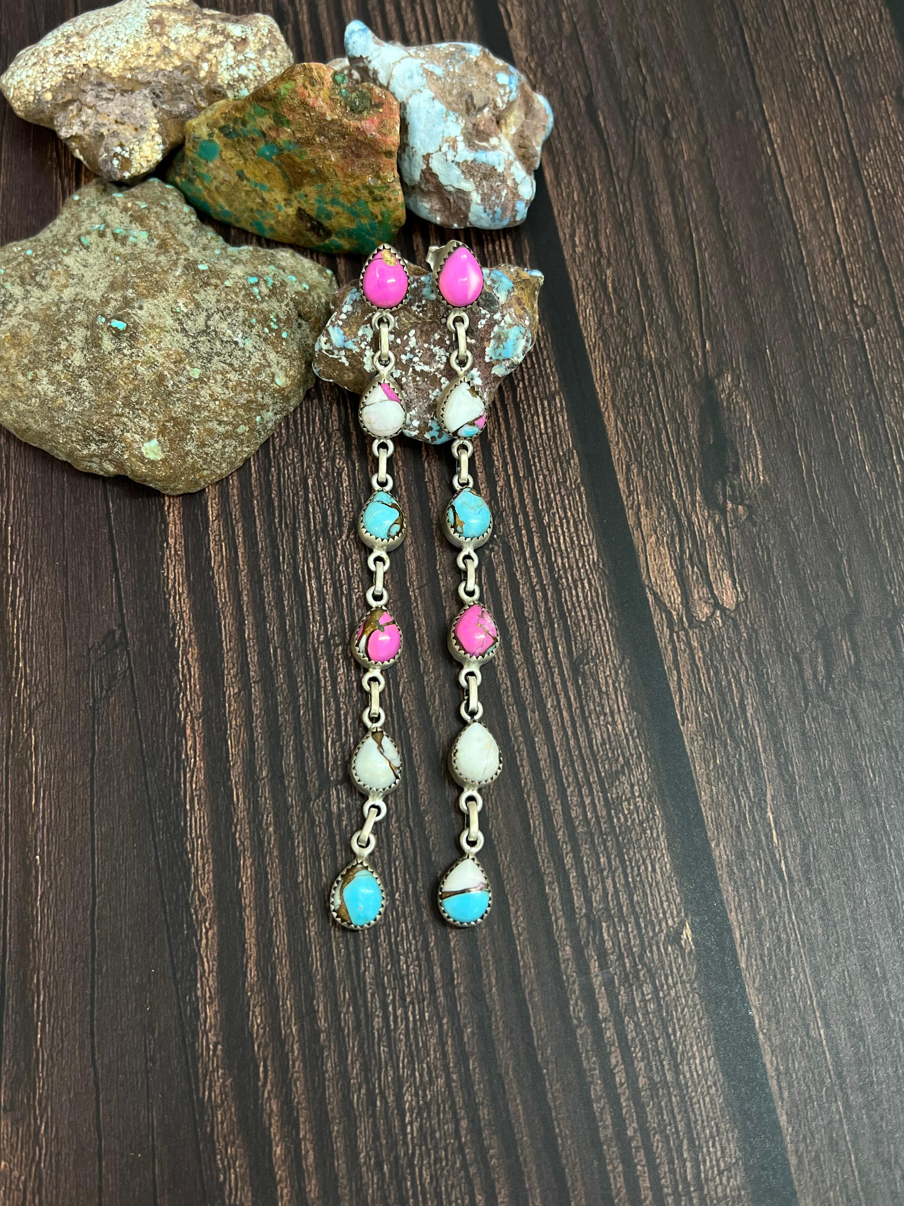 Handmade Sterling Silver Cotton Candy Turquoise Post Dangle Earrings with Signed Nizhoni