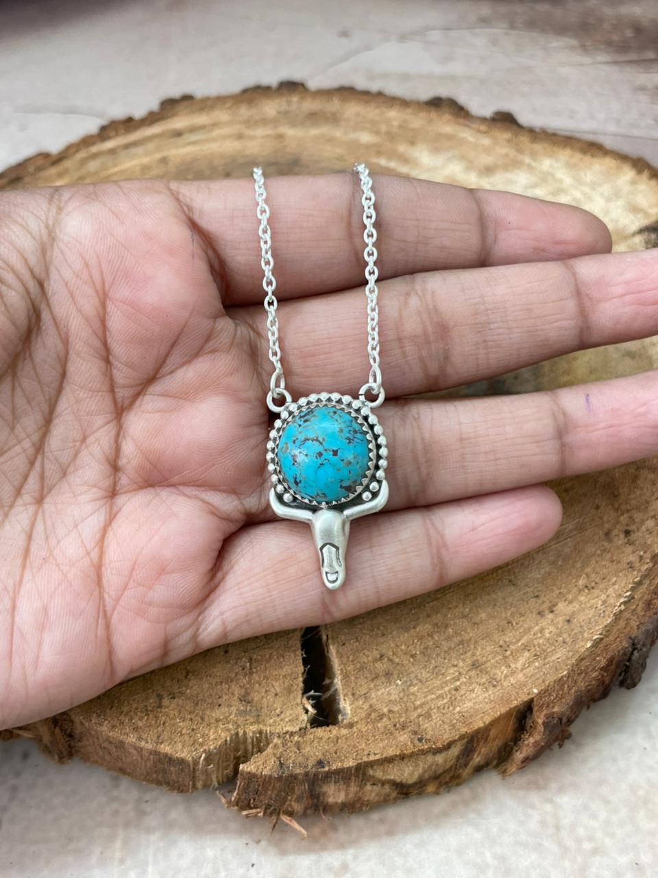 Handmade Sterling Silver Arizona Turquoise Bull Necklace "Signed Nizhoni"