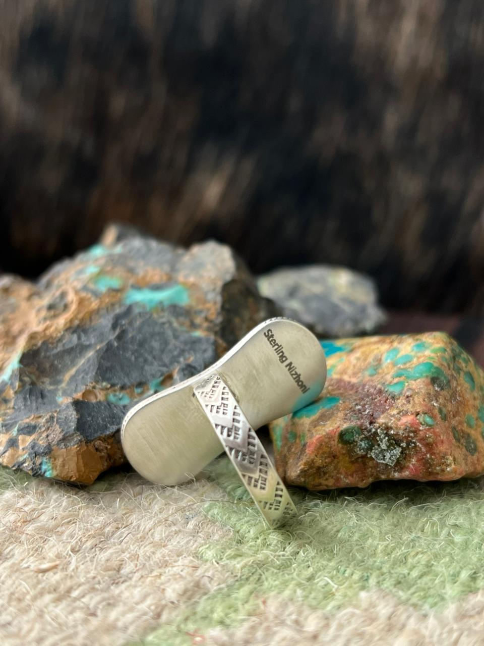 Handmade Sterling Silver White Water Turquoise Adjustable Ring "Signed Nizhoni"