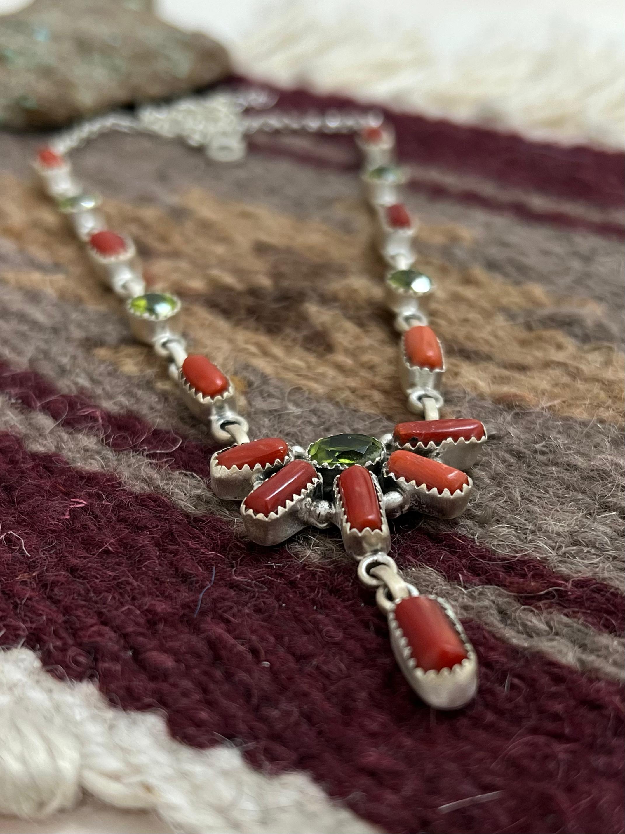 Christmas Collection Handmade Sterling Silver Coral with Peridot Necklace with Signed Nizhoni