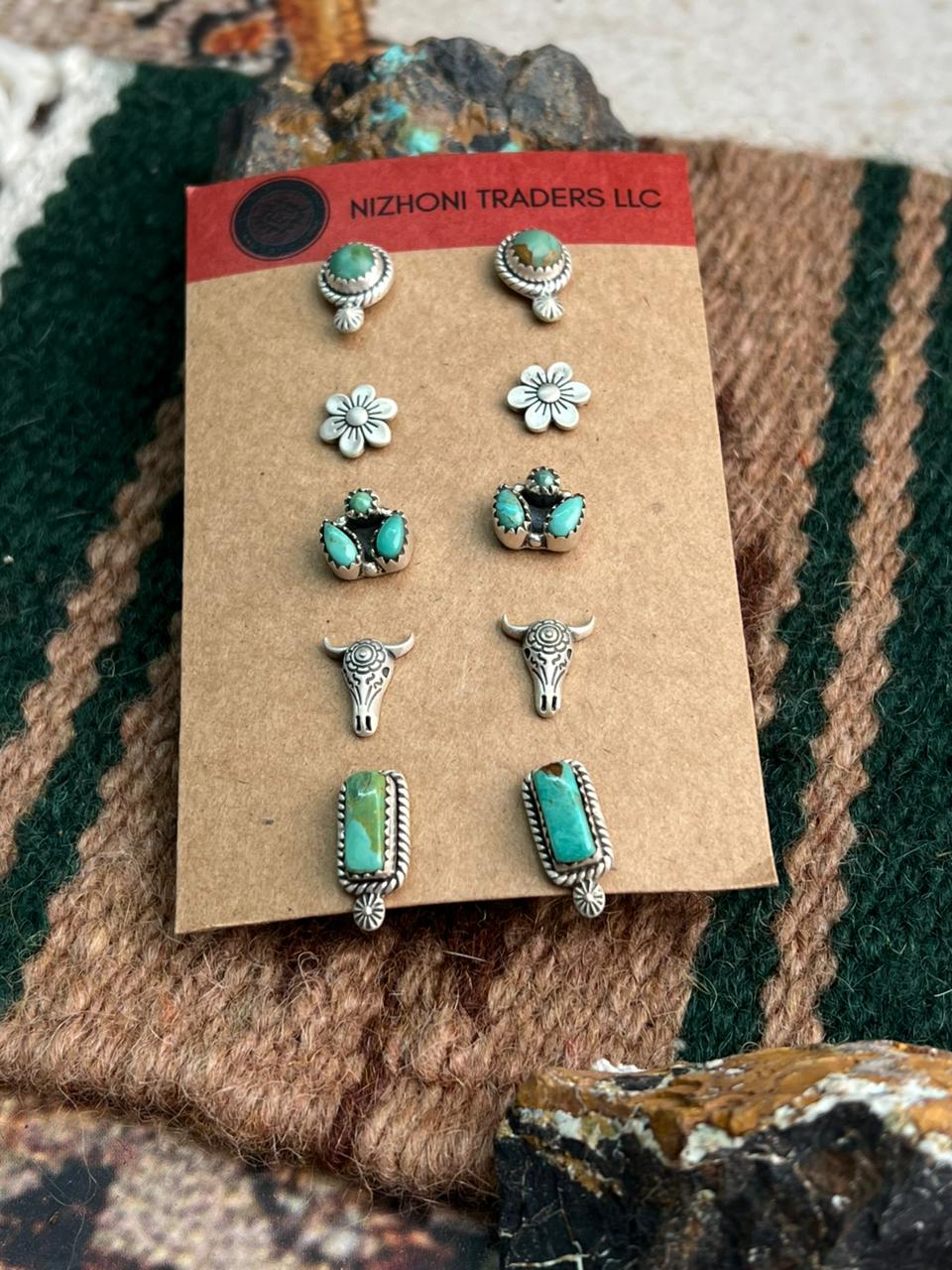 Handmade Sterling Silver Kingman Turquoise Post Earring Set "Signed Nizhoni"