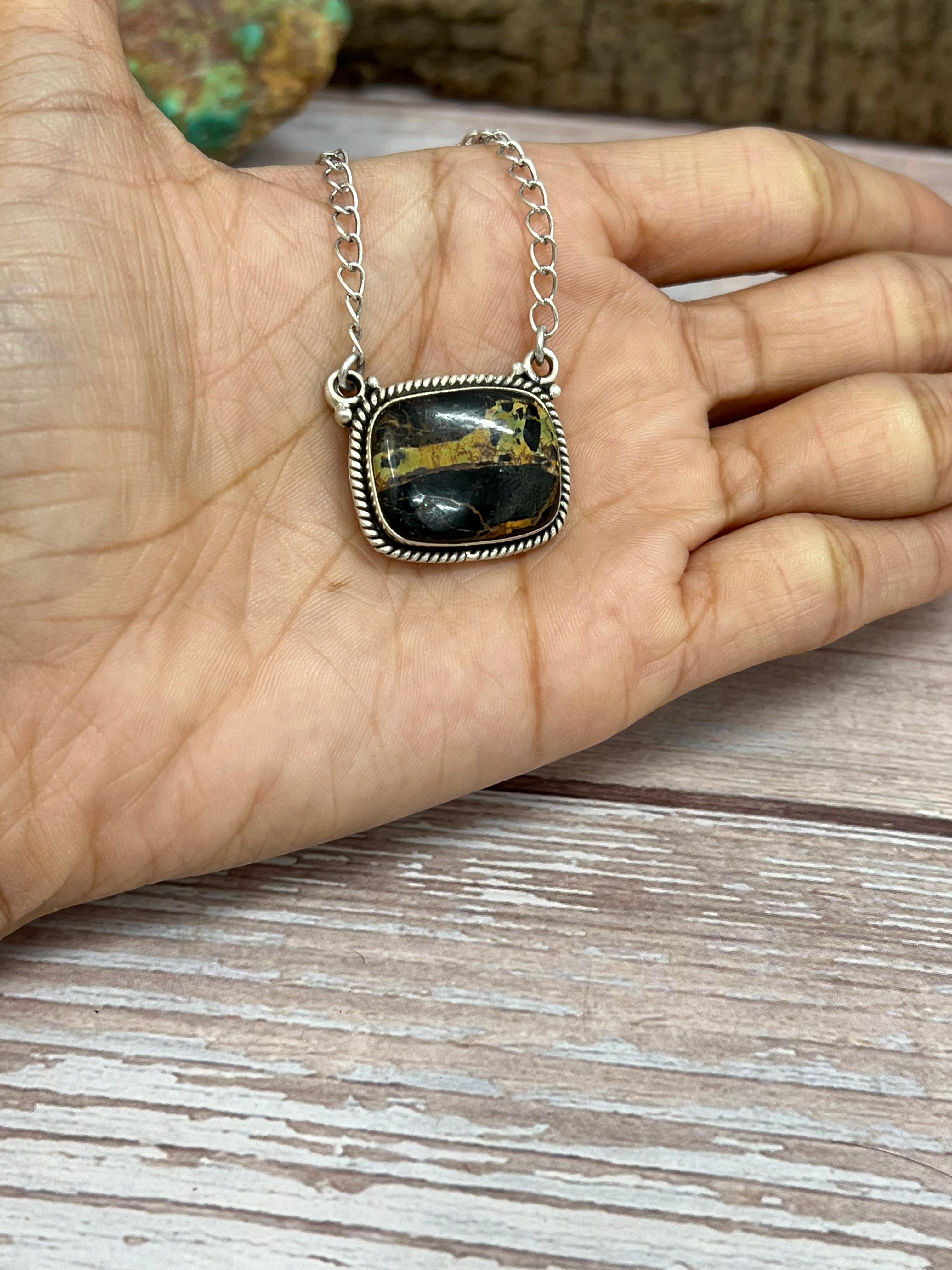 Handmade Sterling Silver Black Jack Necklace with Signed Nizhoni