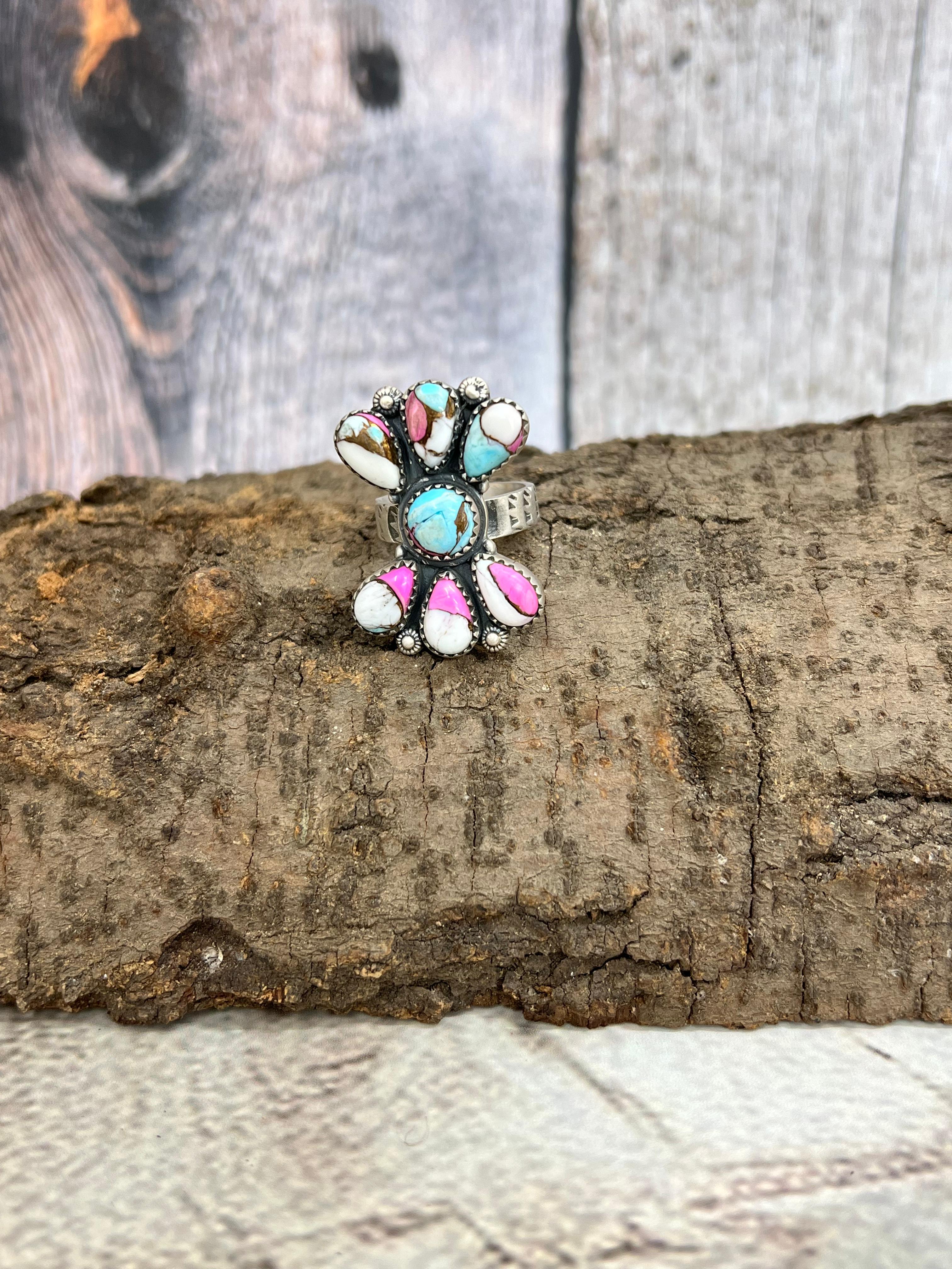 Handmade Sterling Silver Cotton Candy Turquoise Adjustable Ring with Signed Nizhoni