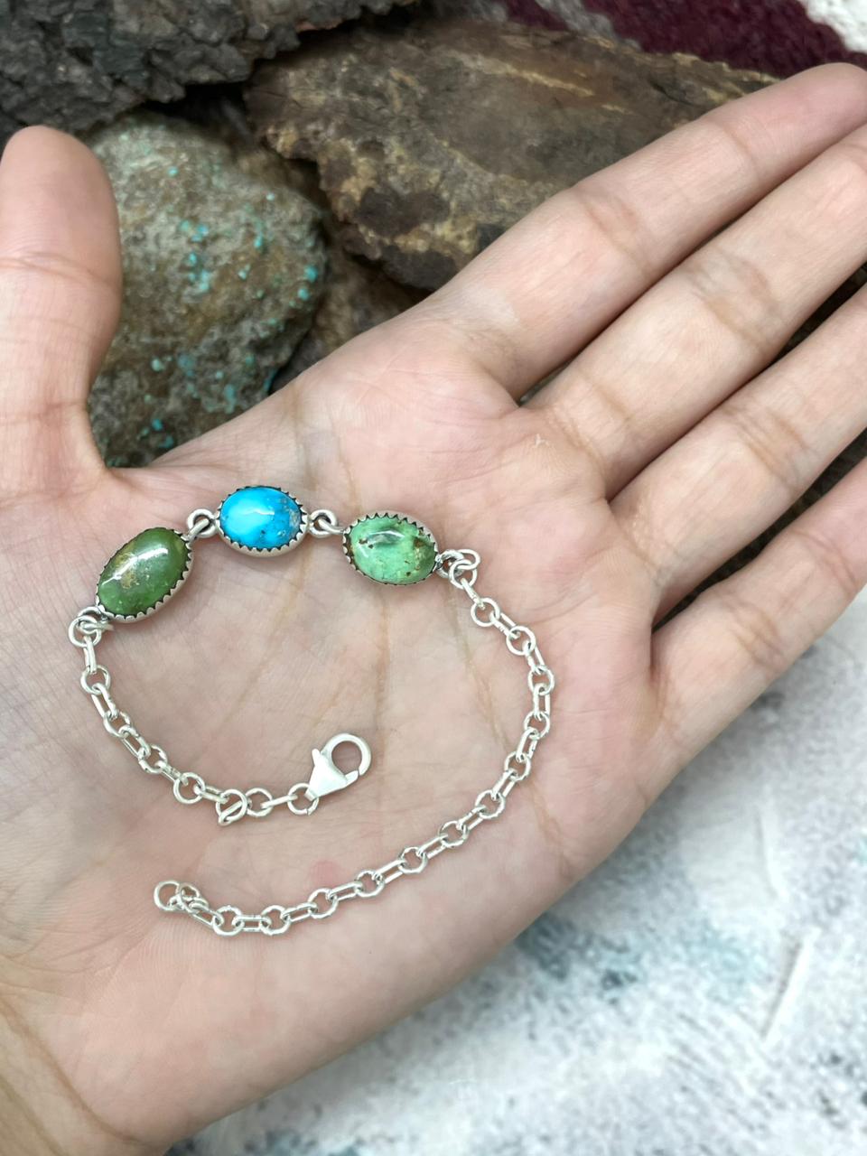 Handmade Sterling Silver Multi Stone Chain Bracelet "Signed Nizhoni"