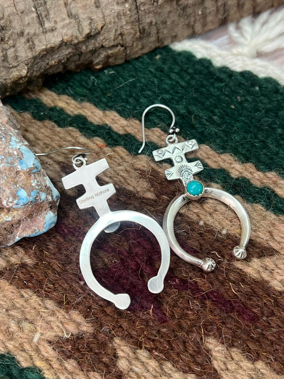 Handmade Sterling Silver Kingman Turquoise Hook Dangle Earrings "Signed Nizhoni"