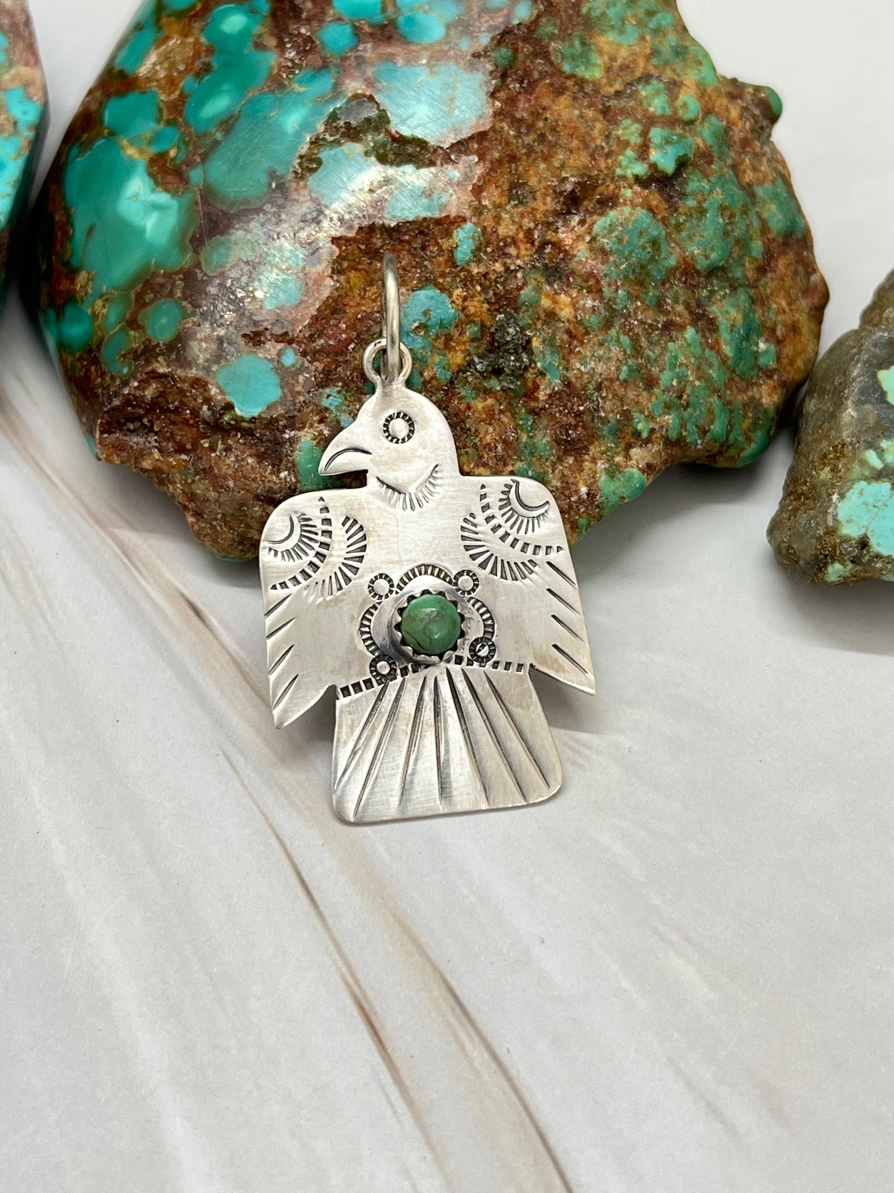 Handmade Sterling Silver Thunder Bird Kingman Turquoise Charms with Signed Nizhoni