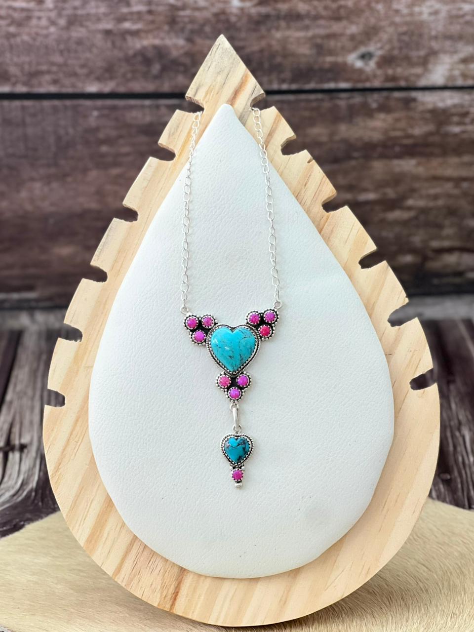 Handmade Sterling Silver Arizona Turquoise with Hot Pink Necklace "Signed Nizhoni"