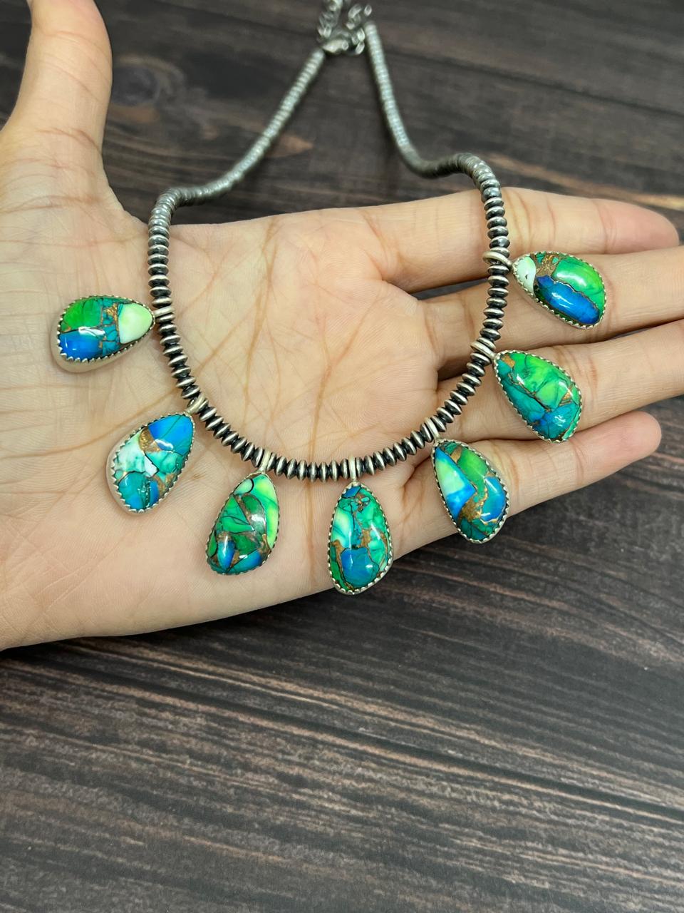 Handmade Sterling Silver Multi Stone Beaded Necklace with Signed Nizhoni