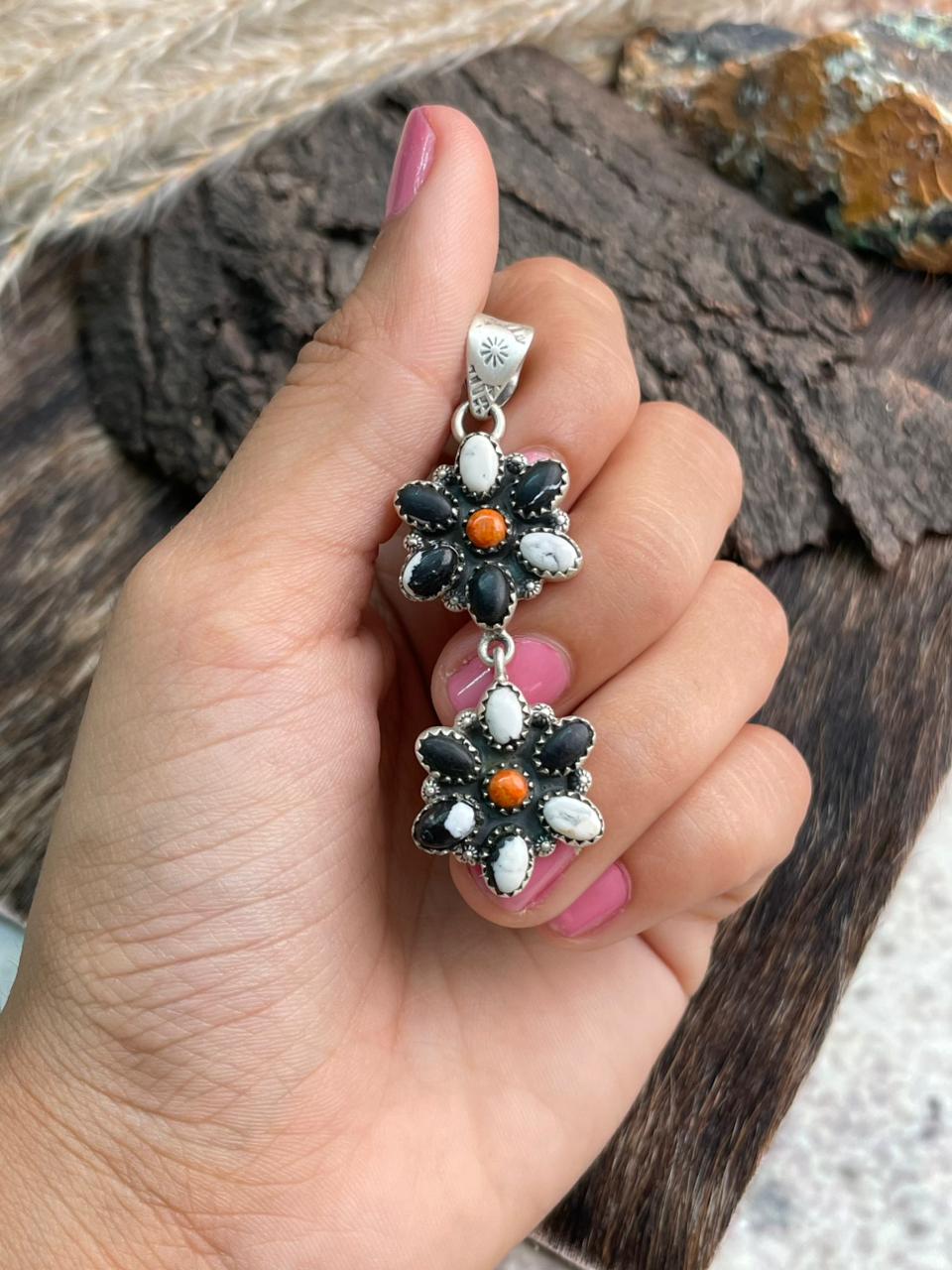 Handmade Sterling Silver Orange Mojave with White Buffalo Pendant "Signed Nizhoni"