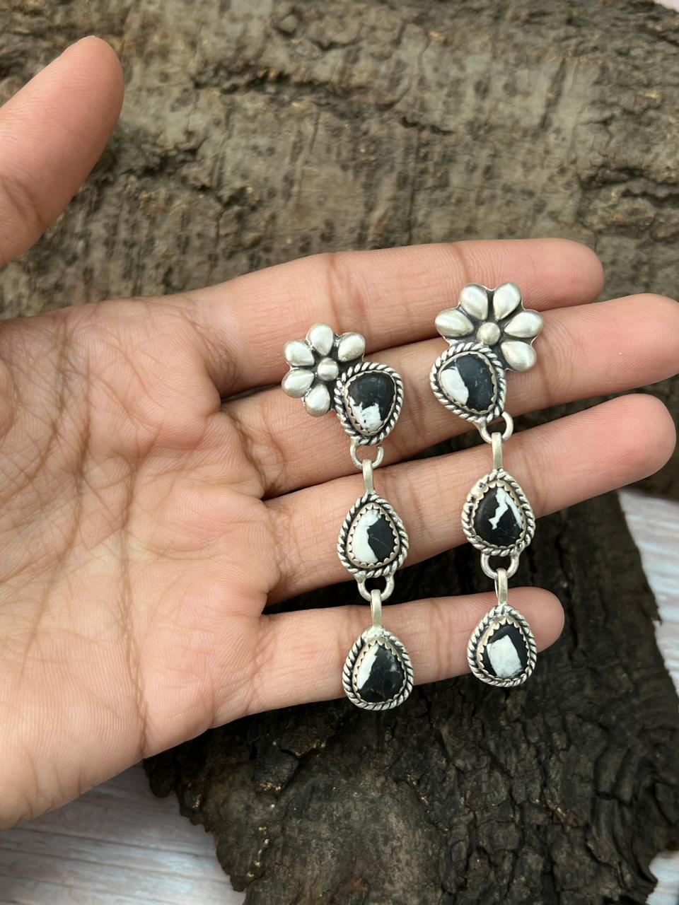 Handmade Sterling Silver White Buffalo Post Dangle Earrings "Signed Nizhoni"