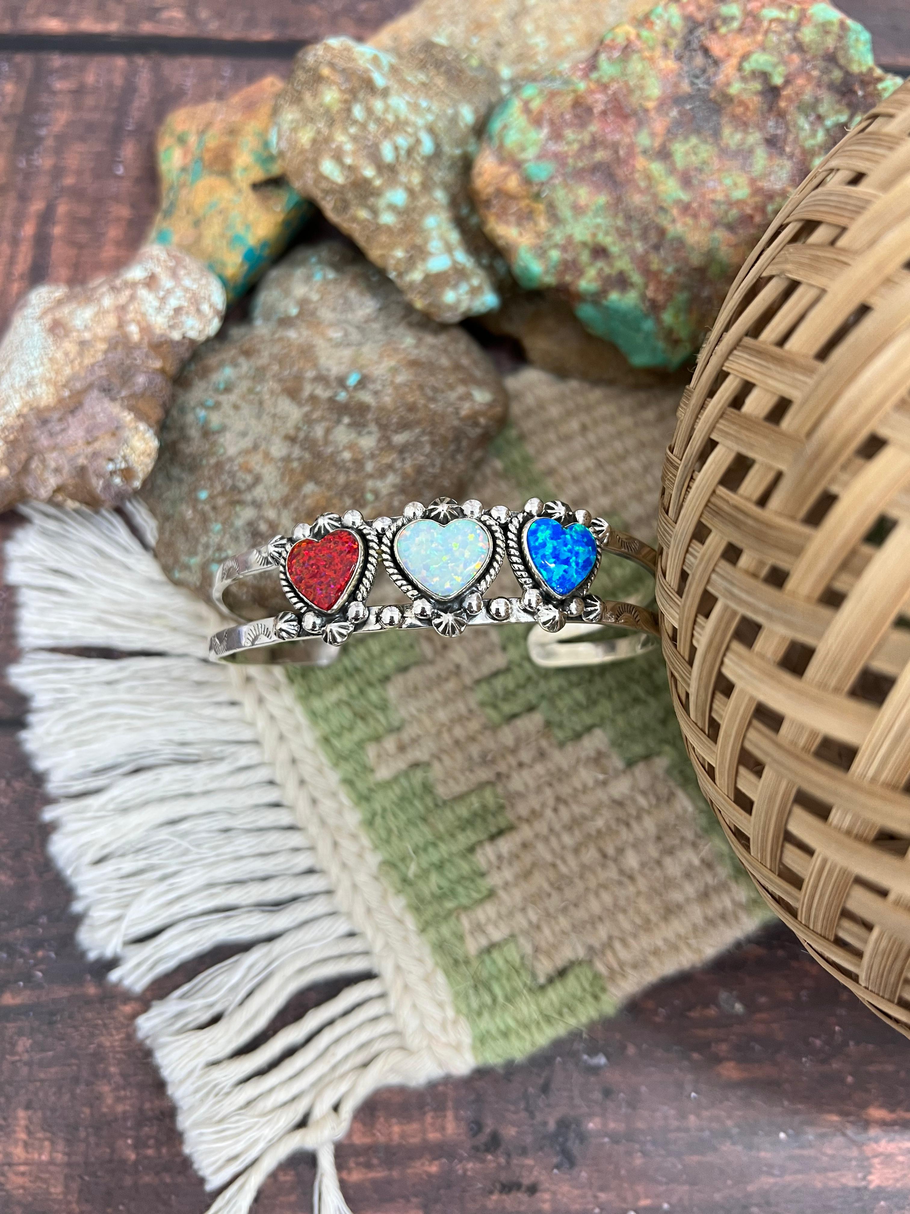 ** 4TH OF JULY ** Handmade Sterling Silver Synthetic Opal Cuff Bracelet with Signed Nizhoni
