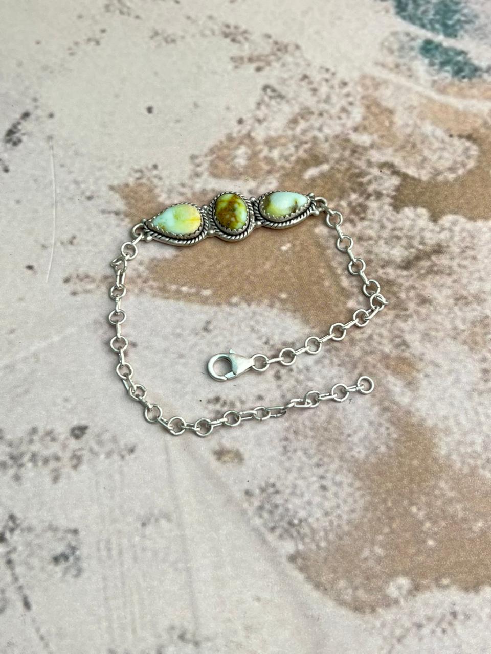 Handmade Sterling Silver Palomino Turquoise Chain Bracelet "Signed Nizhoni"