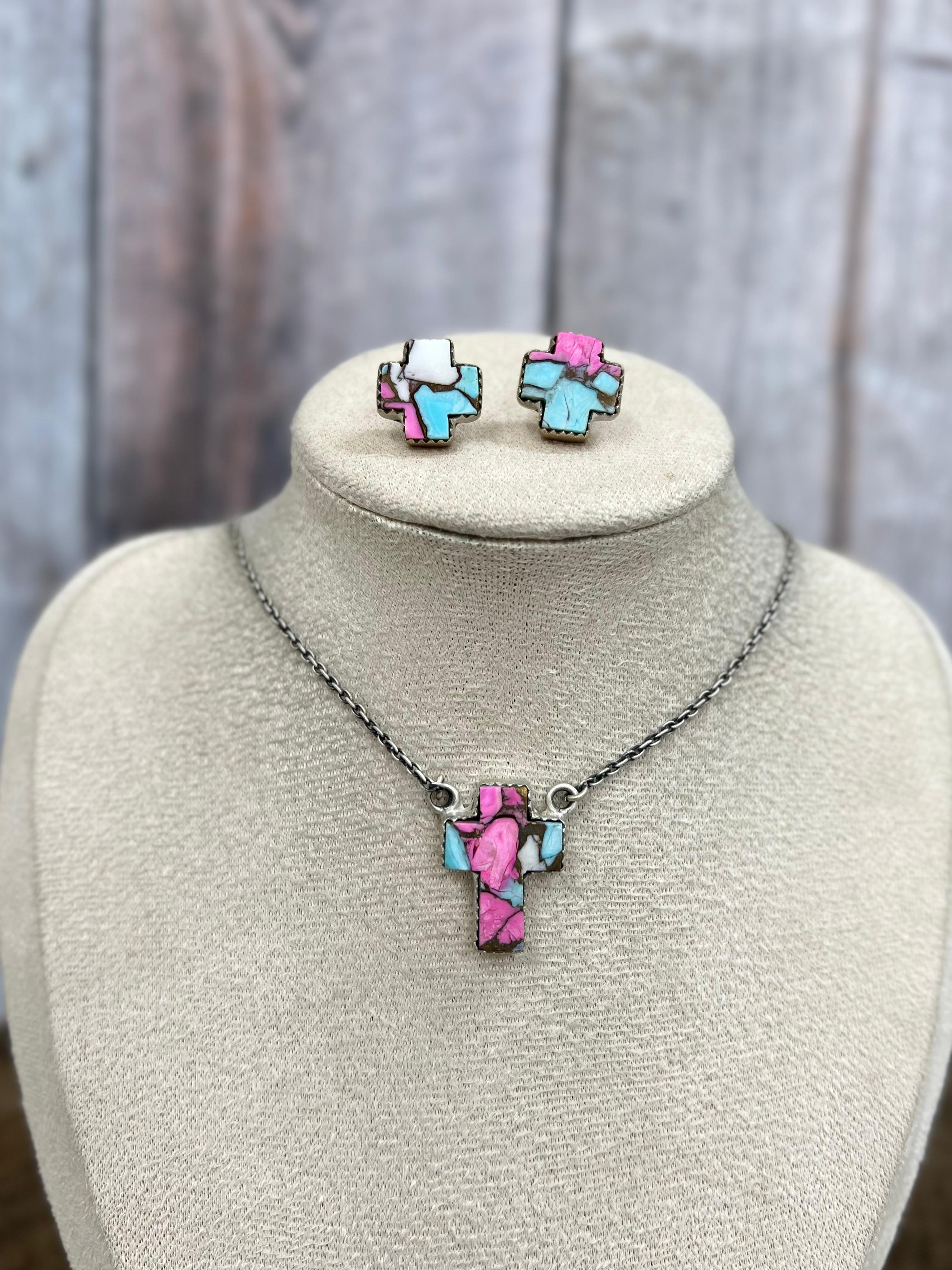 Handmade Sterling Silver Cotton Candy Turquoise Cross Necklace Earrings Set with Signed Nizhoni