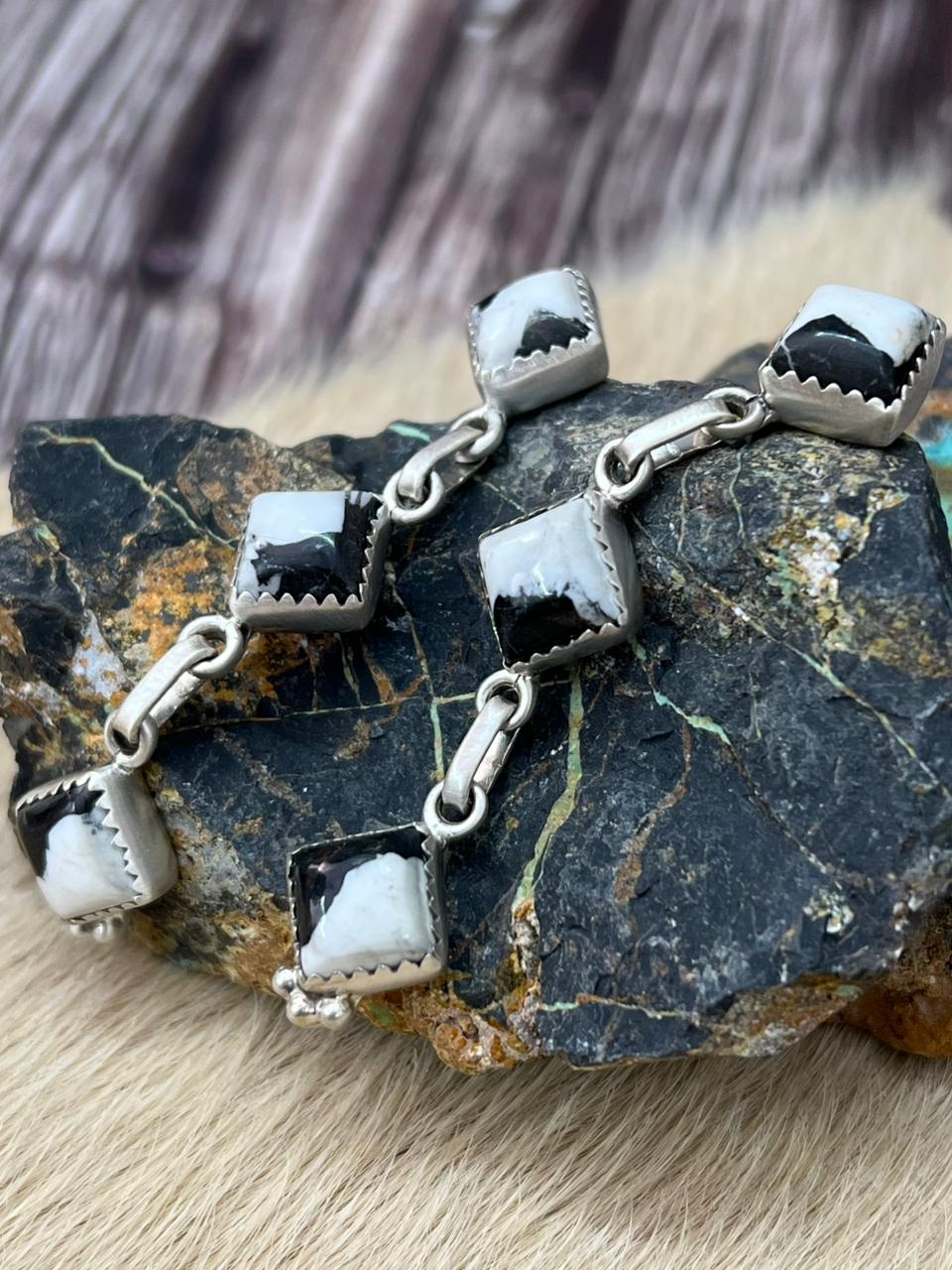 Handmade Sterling Silver White Buffalo Post Dangle Earrings "Signed Nizhoni"