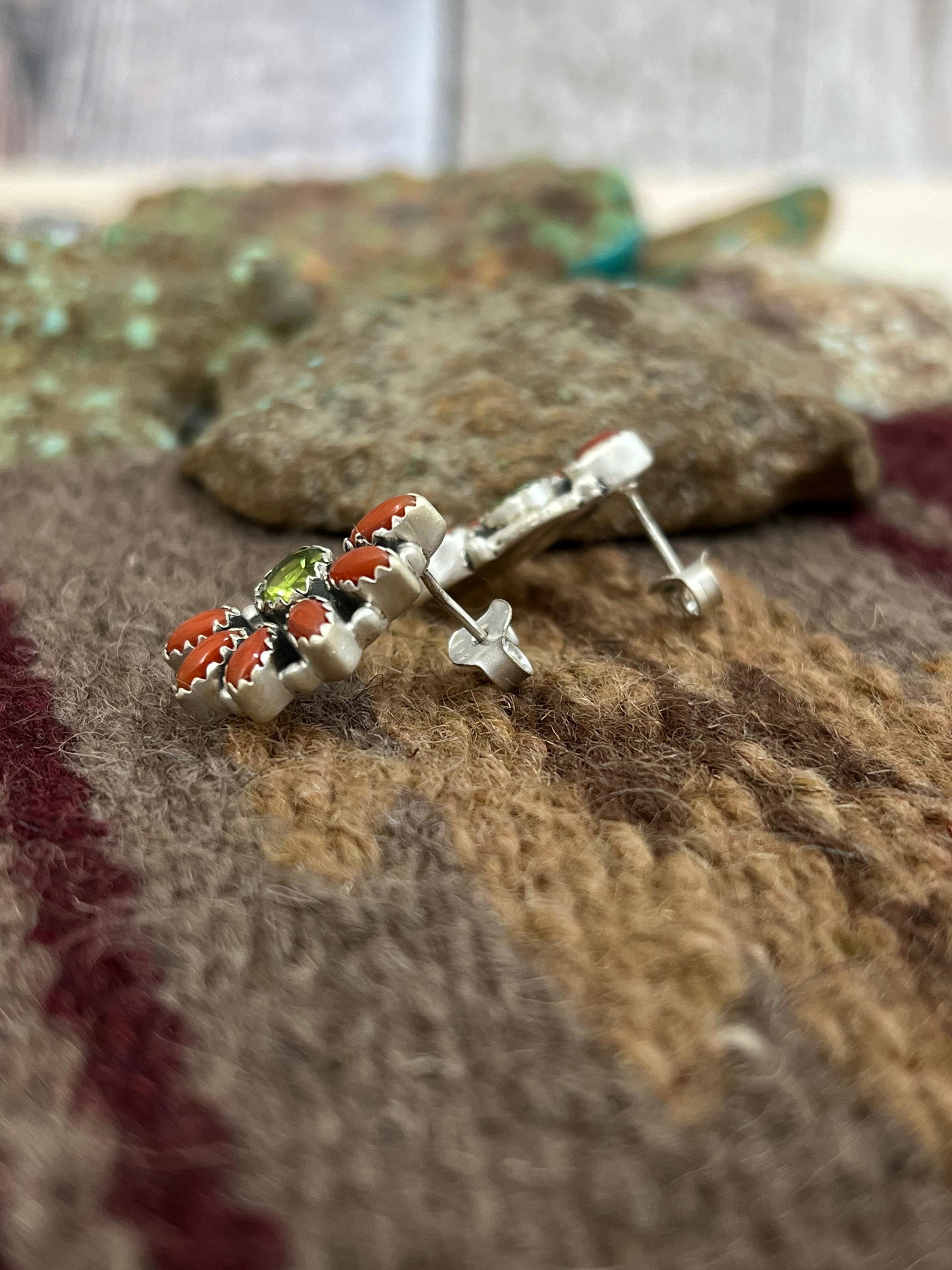 Christmas Collection Handmade Sterling Silver Coral with Peridot Post Studs, Signed Nizhoni