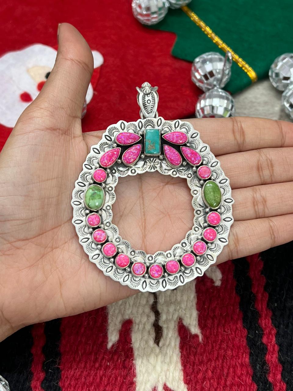 "Christmas Collection" Handmade Sterling Silver Hot Pink with Sonoran Mountain Turquoise Pendant "Signed Nizhoni"