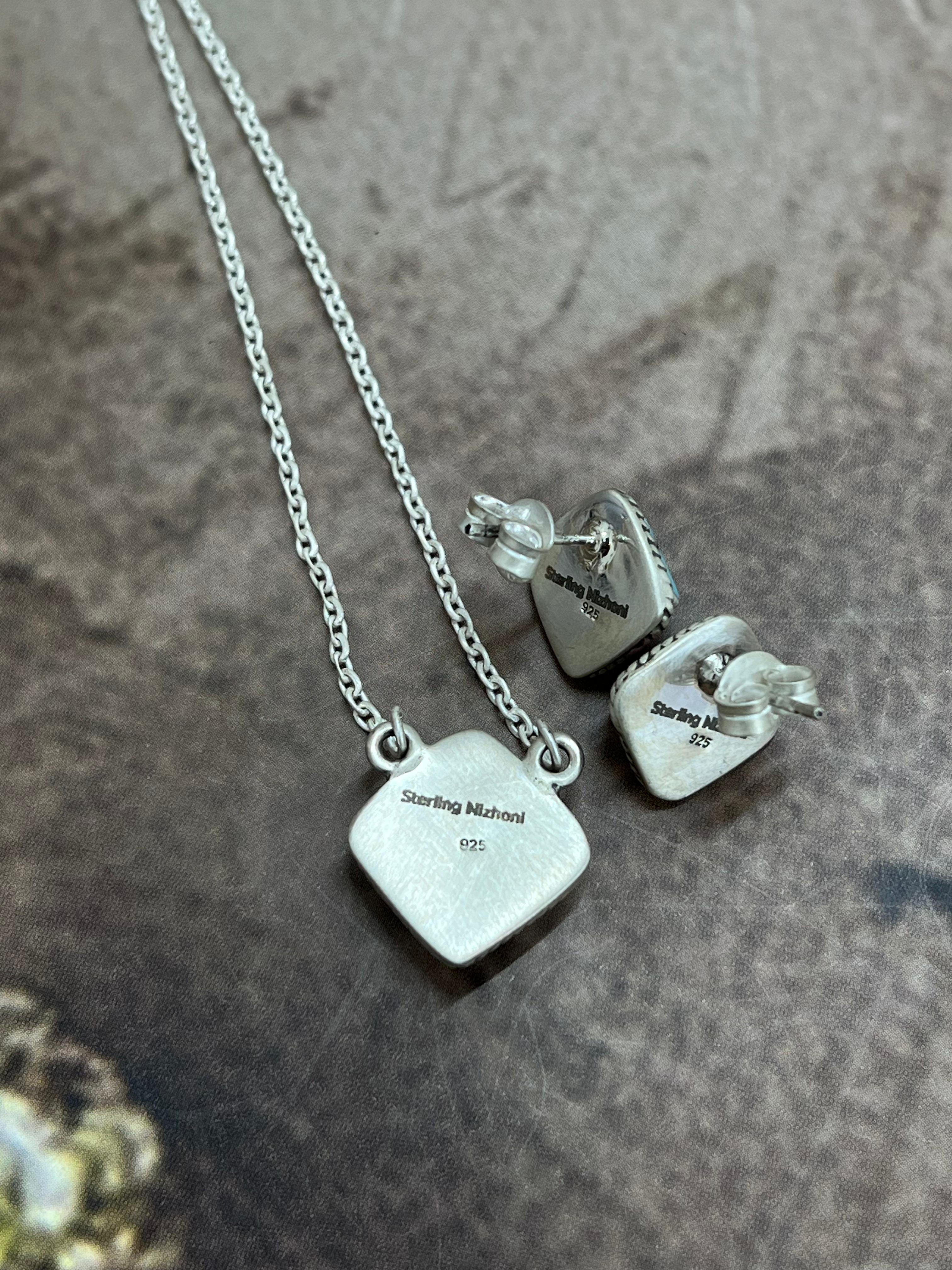 Handmade Sterling Silver Cotton Candy Turquoise Necklace Earrings Set, Signed Nizhoni