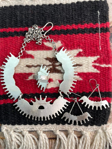 Handmade Sterling Silver Needle Collection: Kingman Turquoise Necklace Earrings Ring Set "Signed Nizhoni"