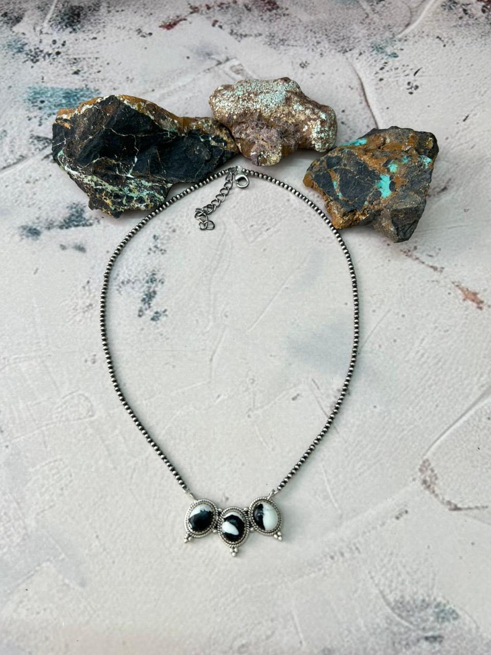 Handmade Sterling Silver White Buffalo Beaded Necklace "Signed Nizhoni"