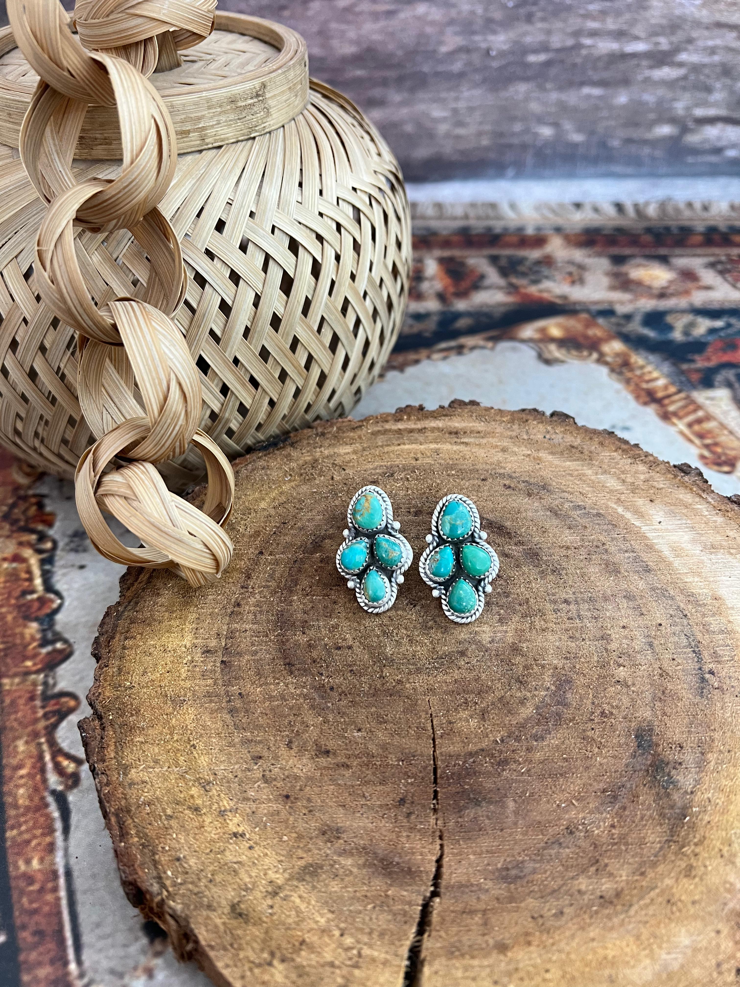 Handmade Sterling Silver Kingman Turquoise Post Studs with Signed Nizhoni
