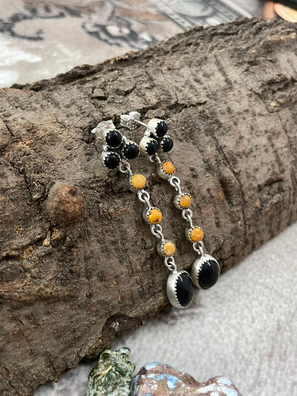 Handmade Sterling Silver Black Onyx, Bumblebee Post Dangle Earrings with Signed Nizhoni