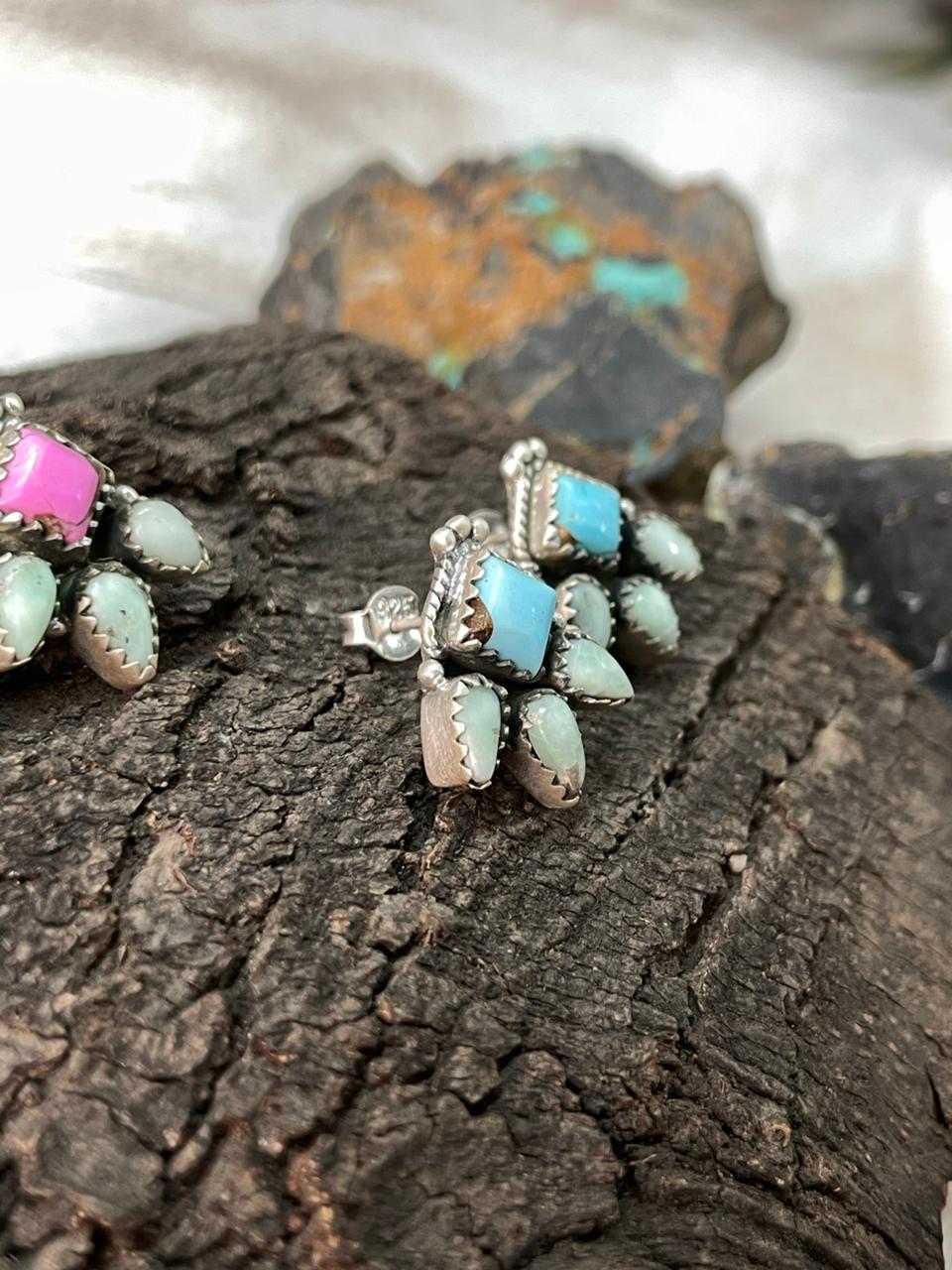 Handmade Sterling Silver Cotton Candy with Paloma Post Studs Earrings "Signed Nizhoni"
