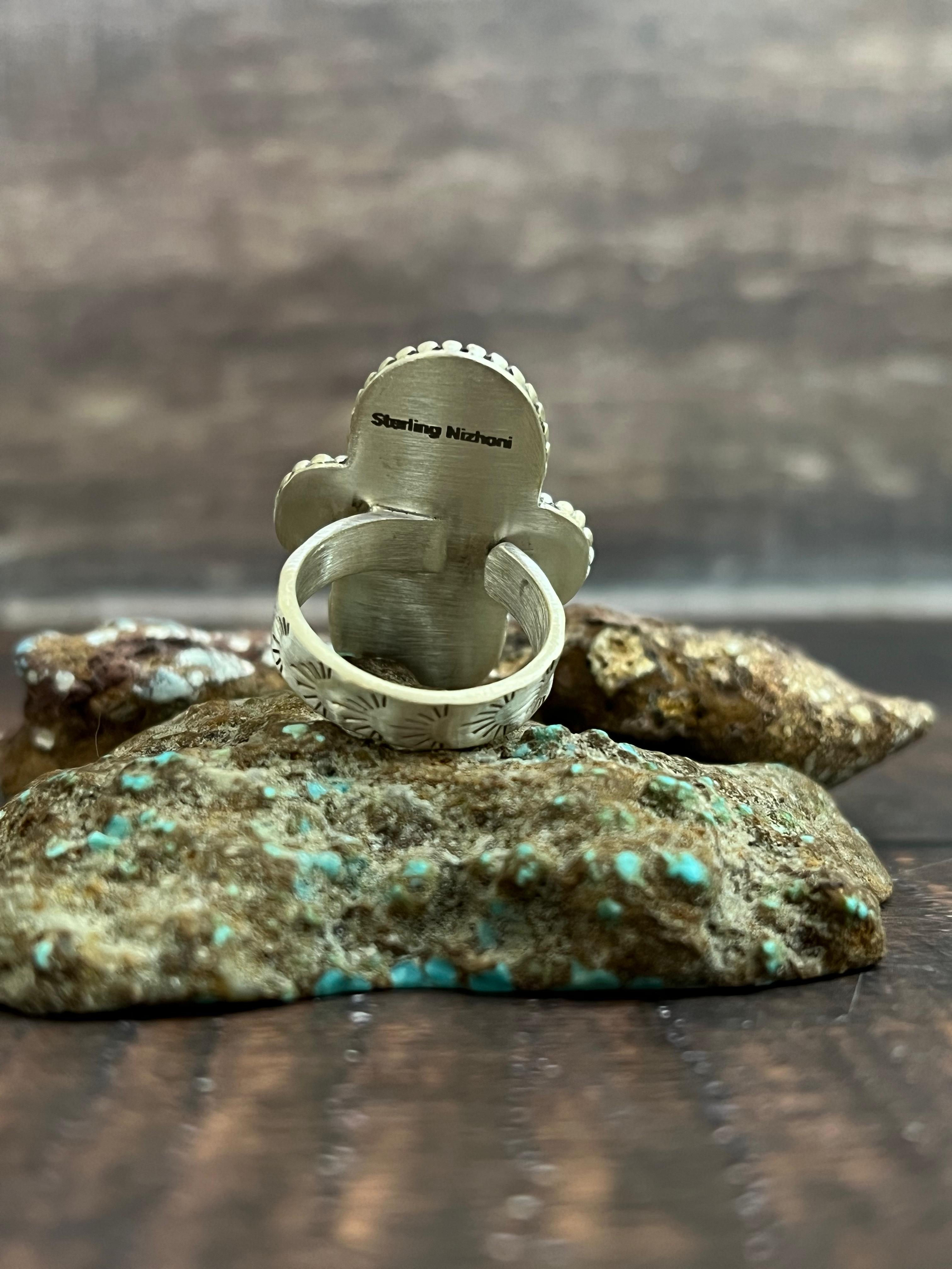 Handmade Sterling Silver White Buffalo Adjustable Ring, Signed Nizhoni