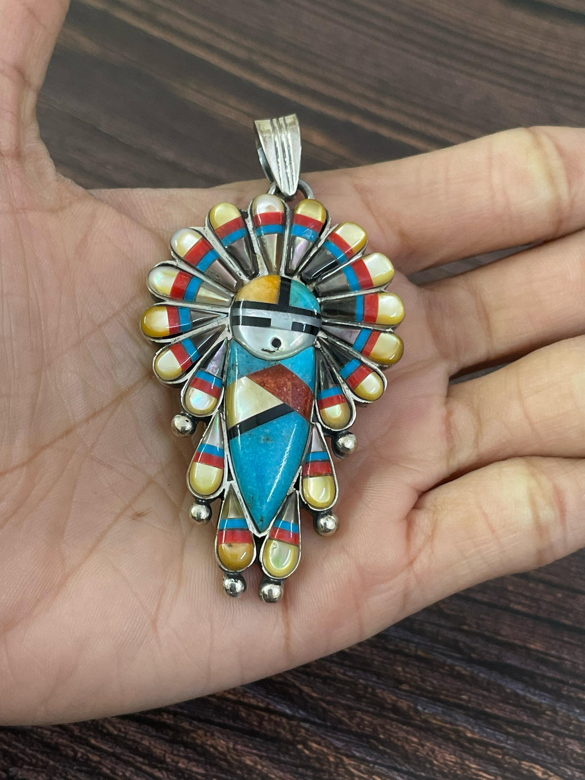 Handmade Sterling Silver Kachina Turquoise Pendant with Signed Nizhoni