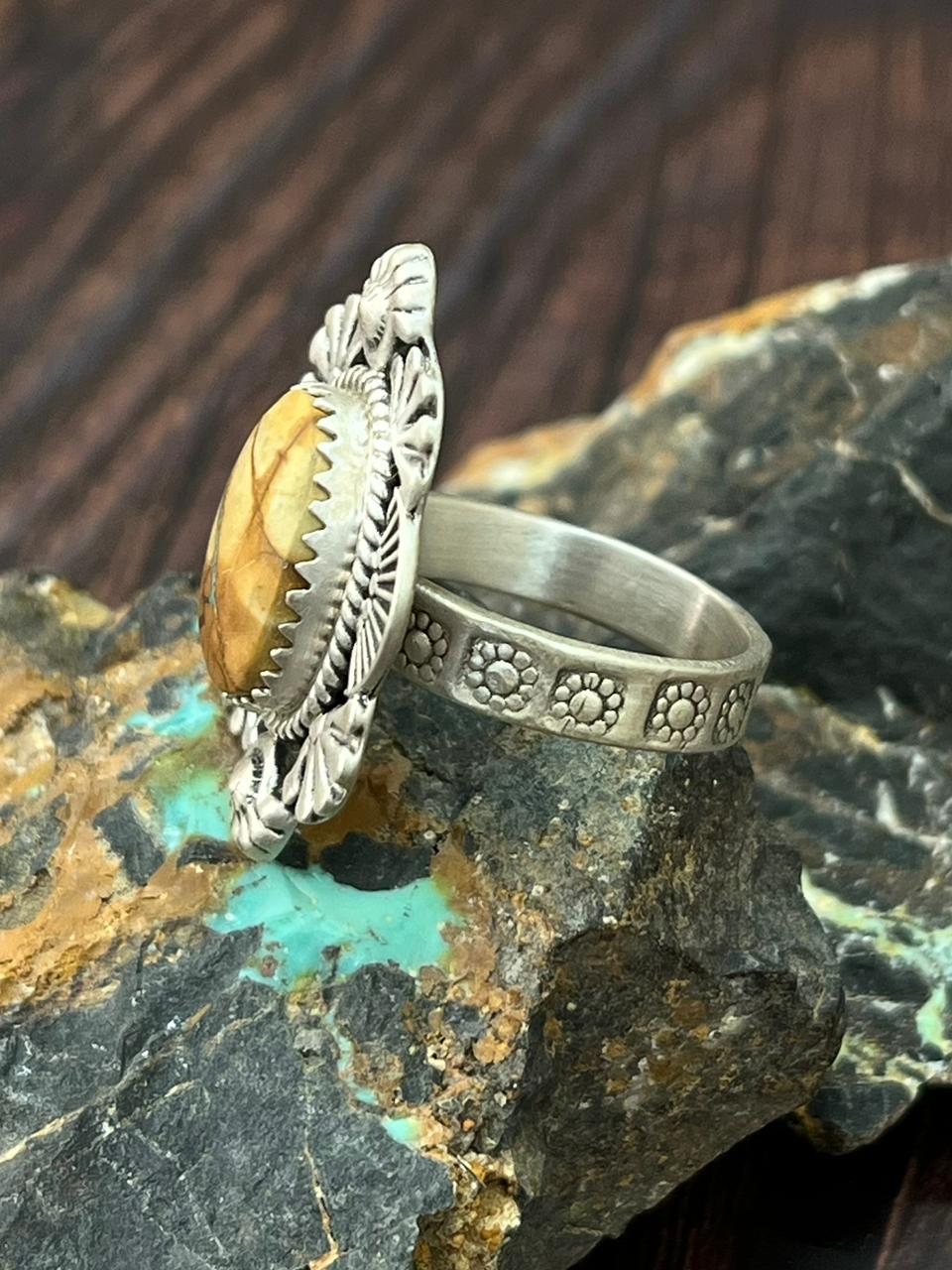 Handmade Sterling Silver Royston Ribbon Turquoise Adjustable Ring "Singed Nizhoni"