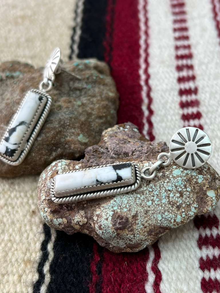 Handmade Sterling Silver White Buffalo Post Dangle Earrings "Signed Nizhoni"