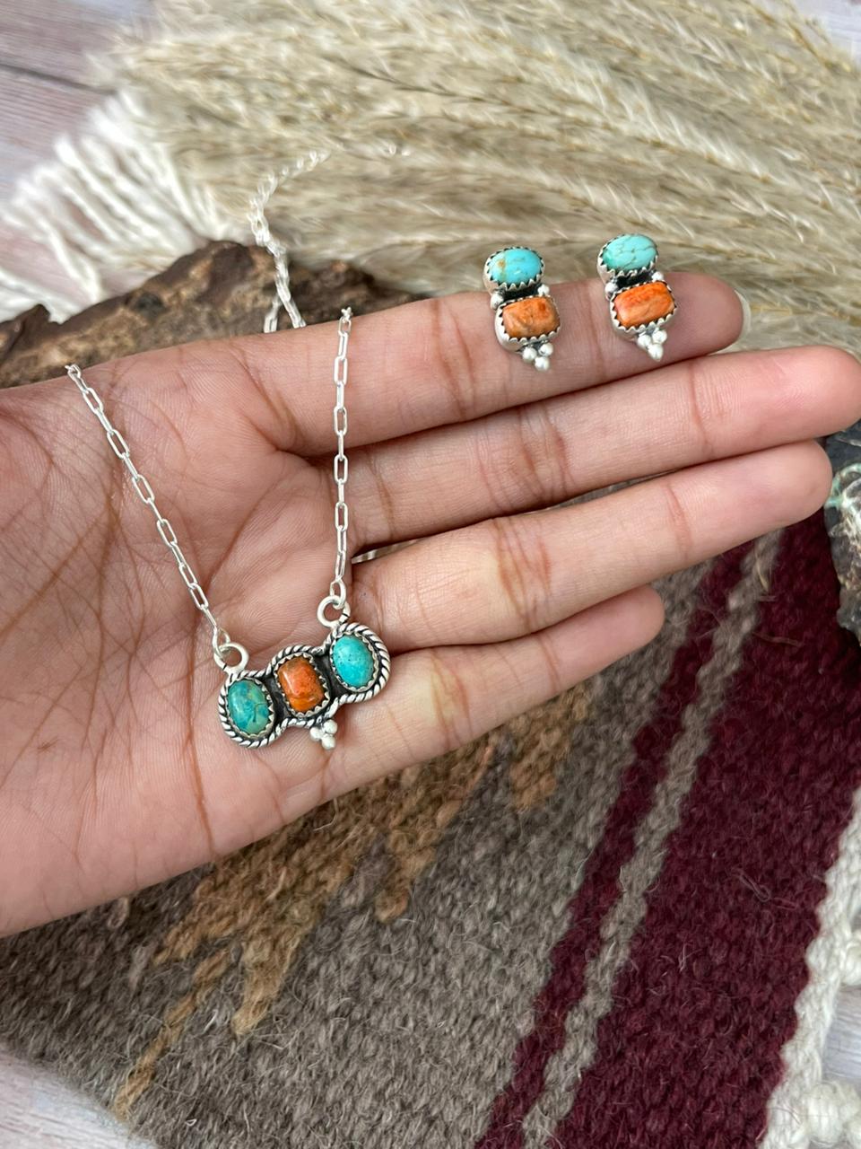 Handmade Sterling Silver Orange Mojave with Kingman Necklace Earrings Set "Signed Nizhoni"