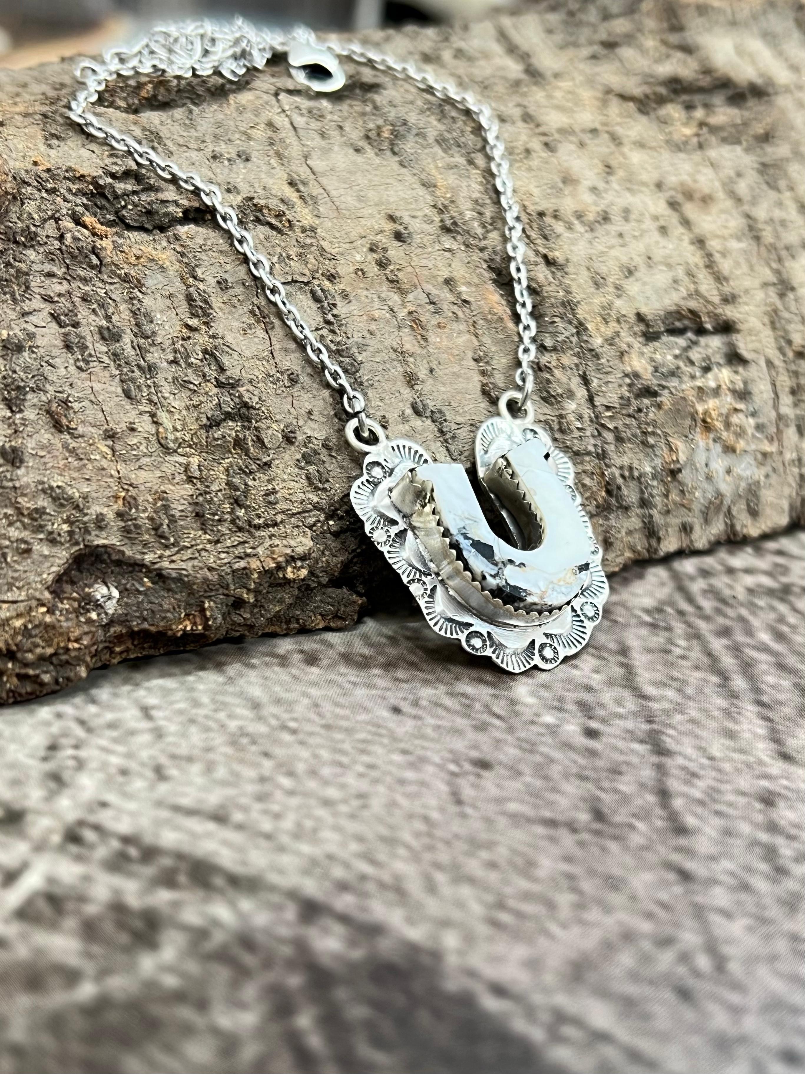 Handmade Sterling Silver White Buffalo Turquoise Necklace with Signed Nizhoni