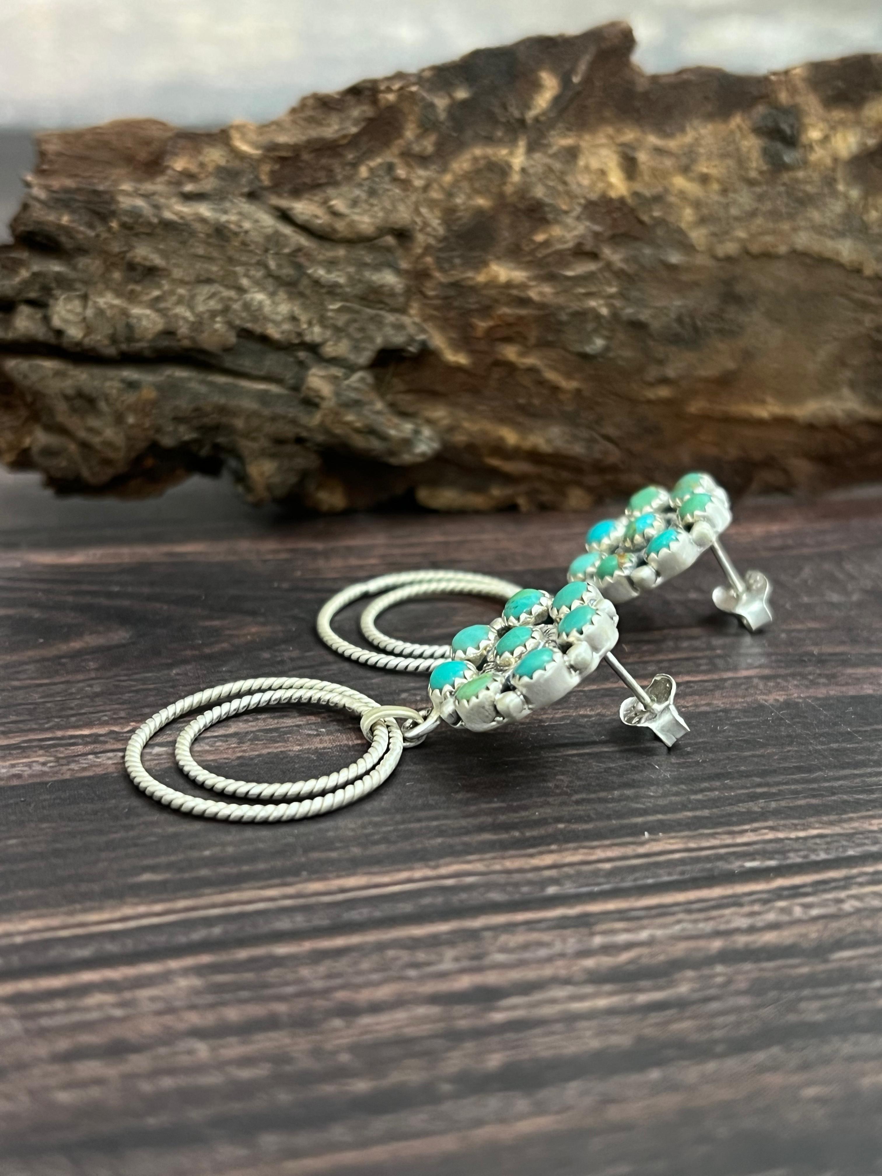 Handmade Sterling Silver Kingman Turquoise Post Dangle Earrings with Signed Nizhoni