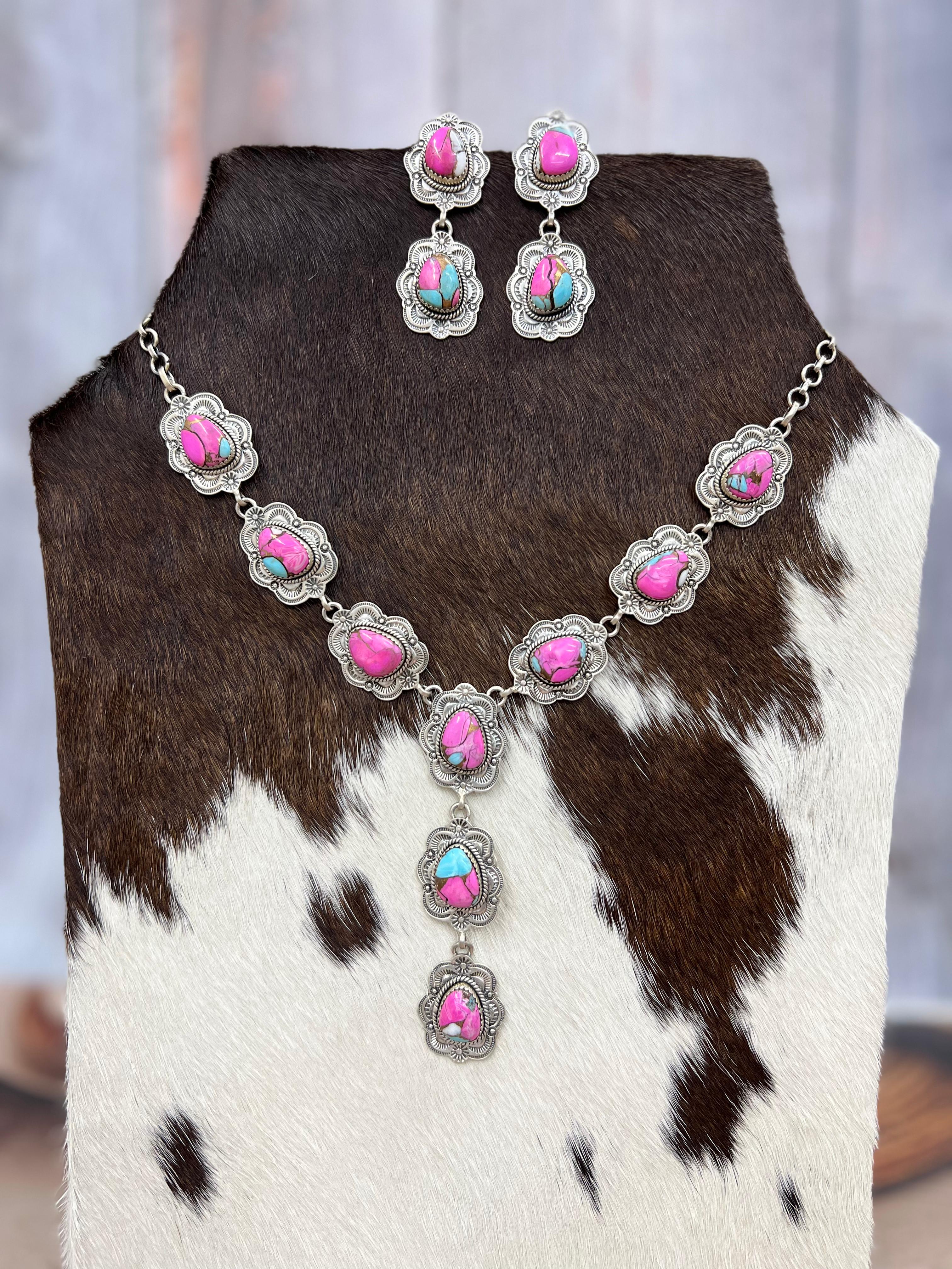 Handmade Sterling Silver Cotton Candy Turquoise Necklace Earrings Set, Signed Nizhoni