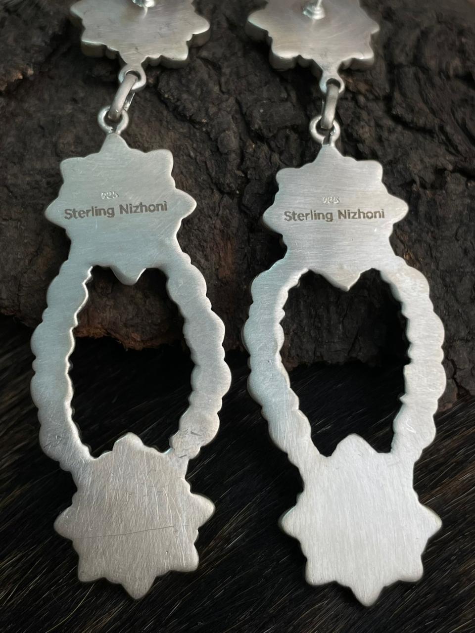 Handmade Sterling Silver White Buffalo Post Dangle Earrings "Signed Nizhoni"