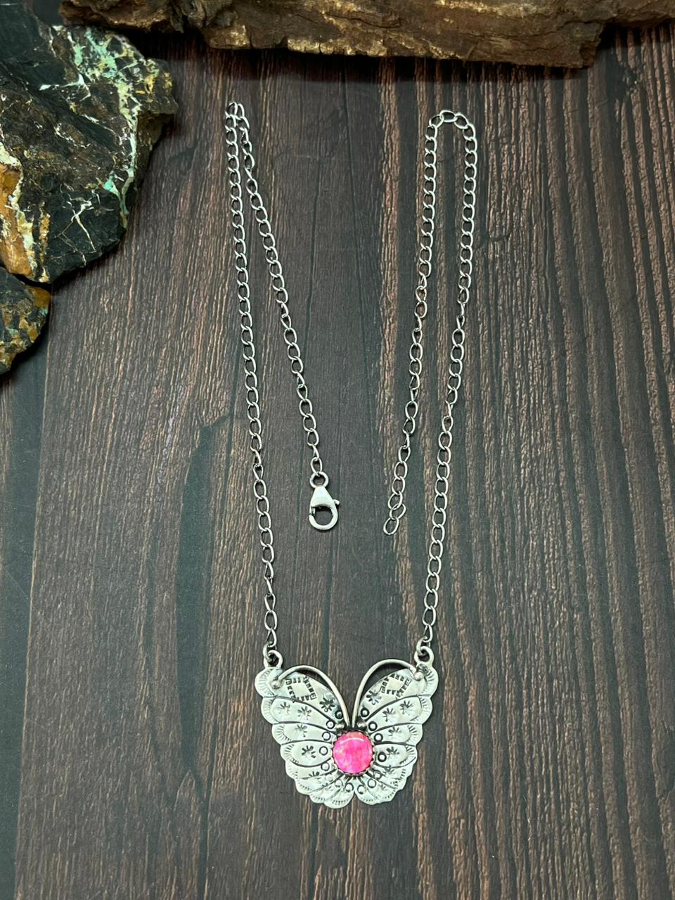 Handmade Sterling Silver Hot Pink Butterfly Necklace "Signed Nizhoni" (9)