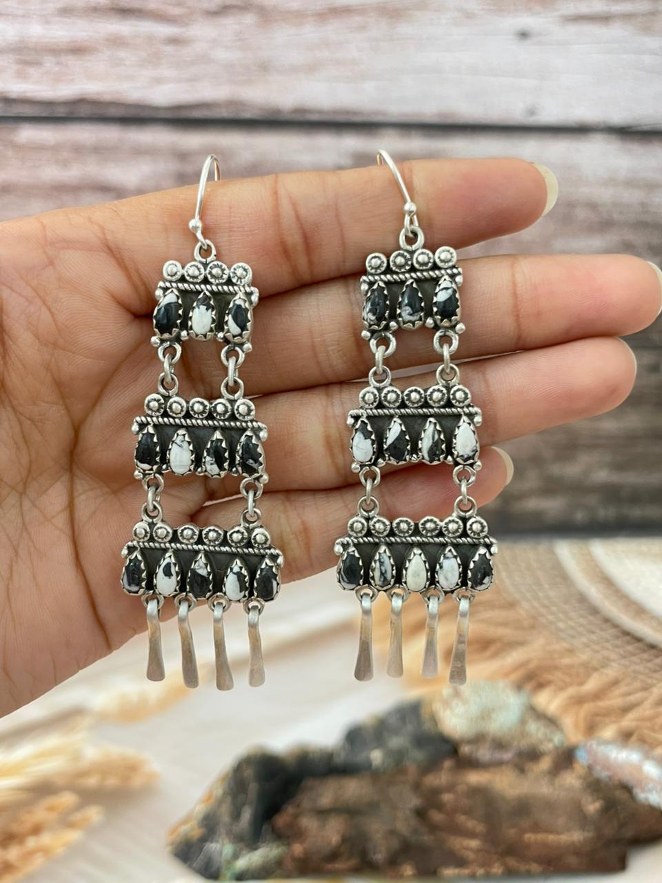 Handmade Sterling Silver White Buffalo Hook Dangle Earrings "Signed Nizhoni"