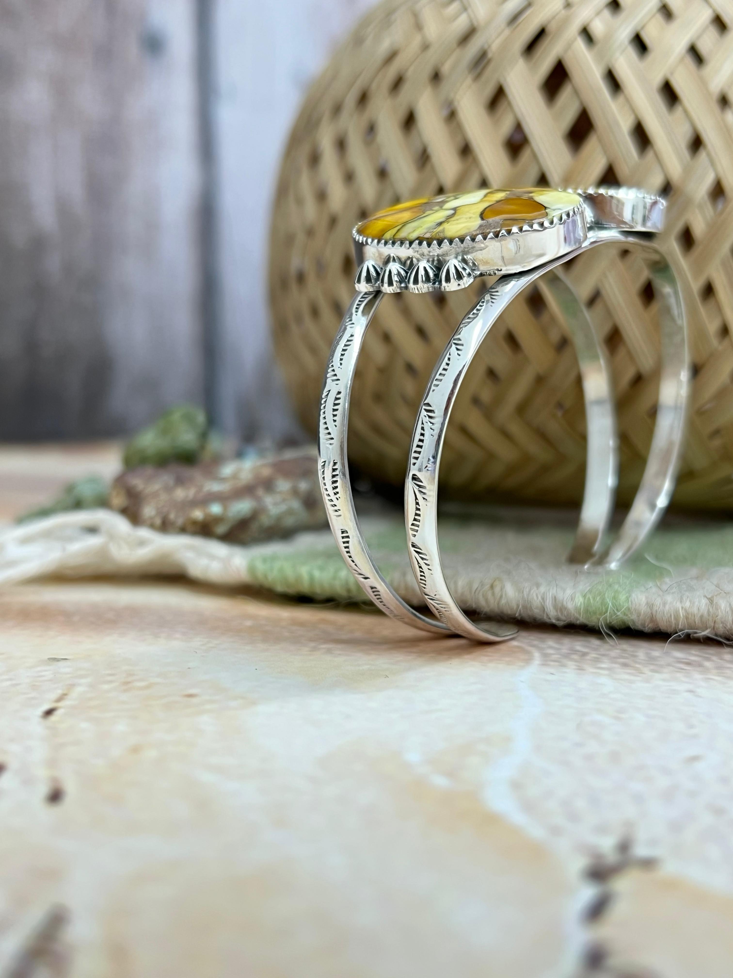 Handmade Sterling Silver Honey Dahlia Cuff Bracelet with Signed Nizhoni